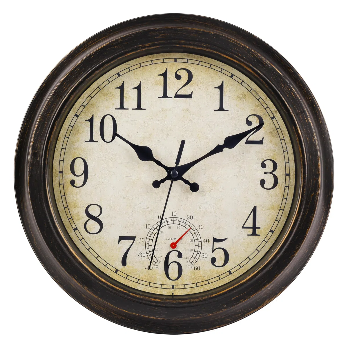 jomparis Horloge Murale Geante Montre d'extérieur de 30 cm avec thermomètre - Étanche et résistante aux intempéries - Pour jardin, terrasse, piscine, patio - Bronze
