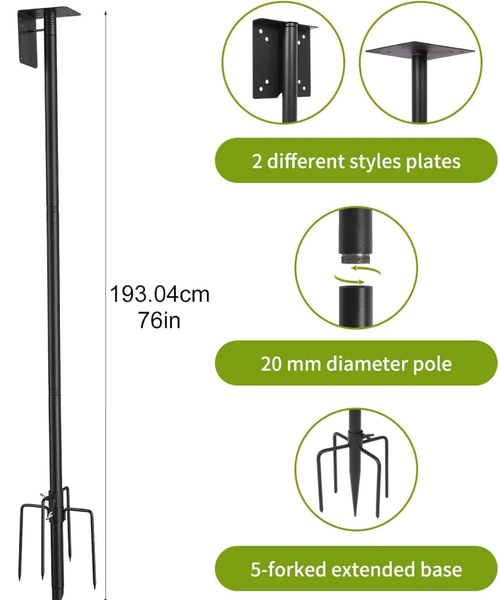 Kit de support de perche pour mangeoire à oiseaux, réglable, 193 cm, support universel avec 5 dents, pour jardin, extérieur, cour, noir