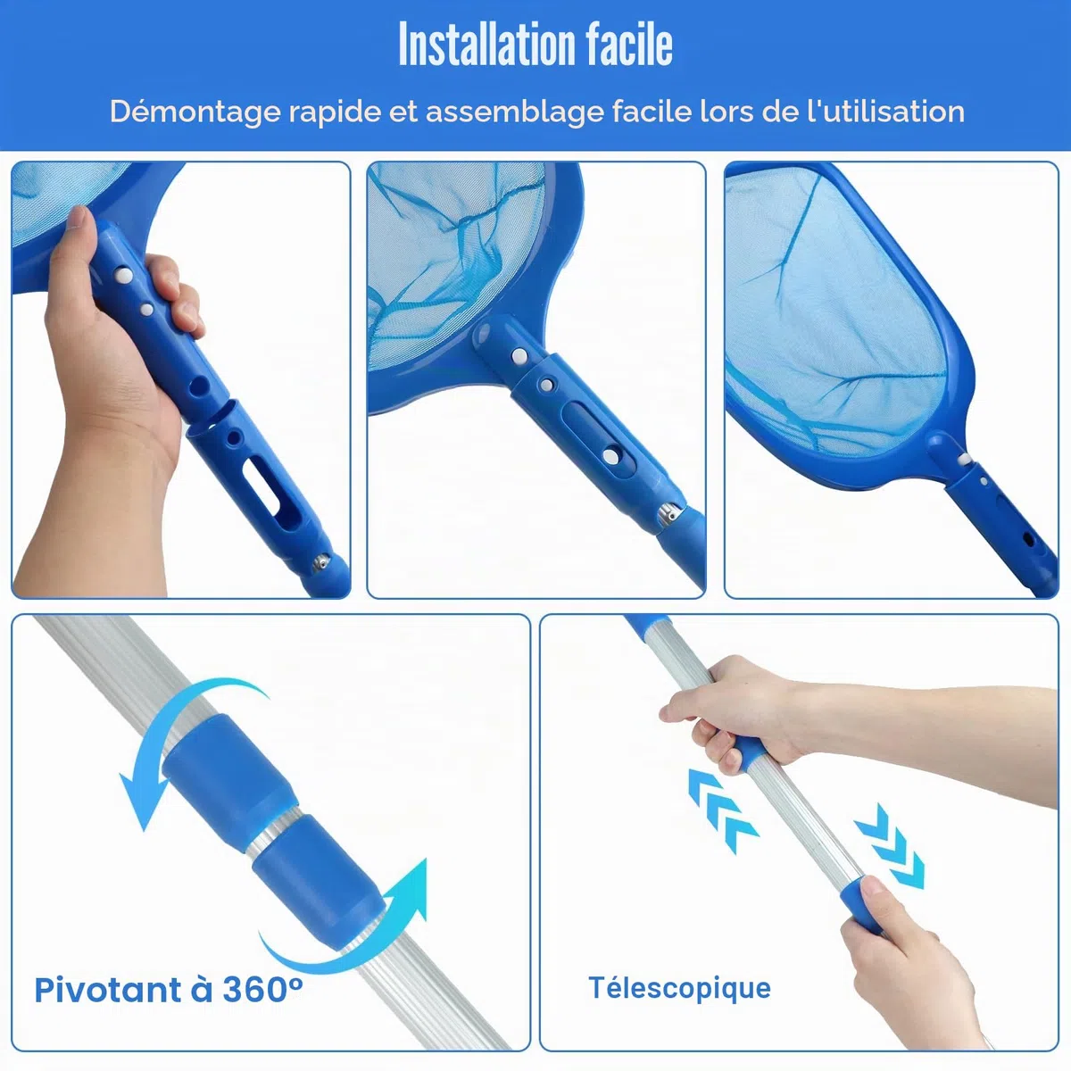 6 Pièces Kit de Piscine Nettoyage, Epuisette Piscine avec 44-88CM Télescopique Réglable, Épuisettes de Surface pour Piscine, Filet de Piscine pour Piscines, Spas, Fontaine
