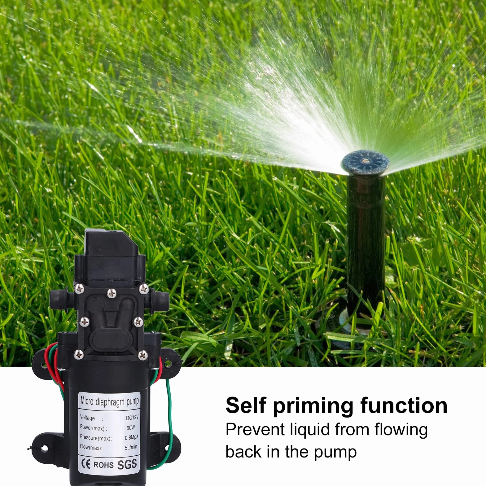 Pompe à Diaphragme 12 V, 60 W 5 L/min 0,8 MPa Pompe de Pulvérisateur Auto-amorçante à Grand Débit avec Arrêt et Démarrage Automatiques, Pompe de Surpression D'eau pour Irrigation de Jardin, Piscines