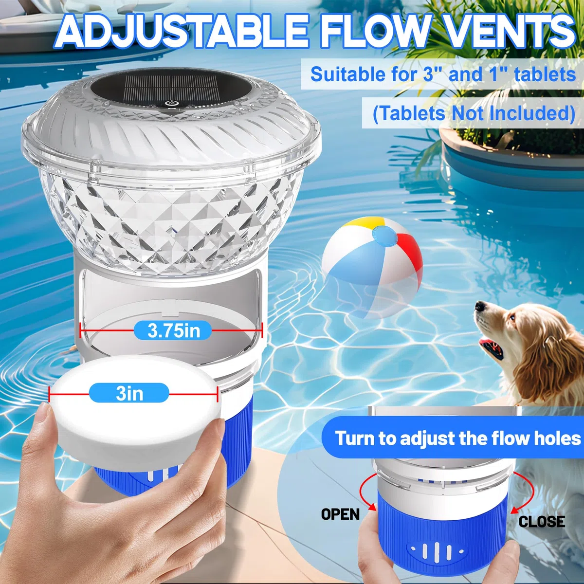 DeeprBling Diffuseur Chlore Piscine avec Solaire Lumière Marquise, Flotteur Chlore Piscine avec Bouton, Diffuseur Piscine Chlore Flottant à LED Changeant Couleur, Distributeur Chlore Flottant Piscine