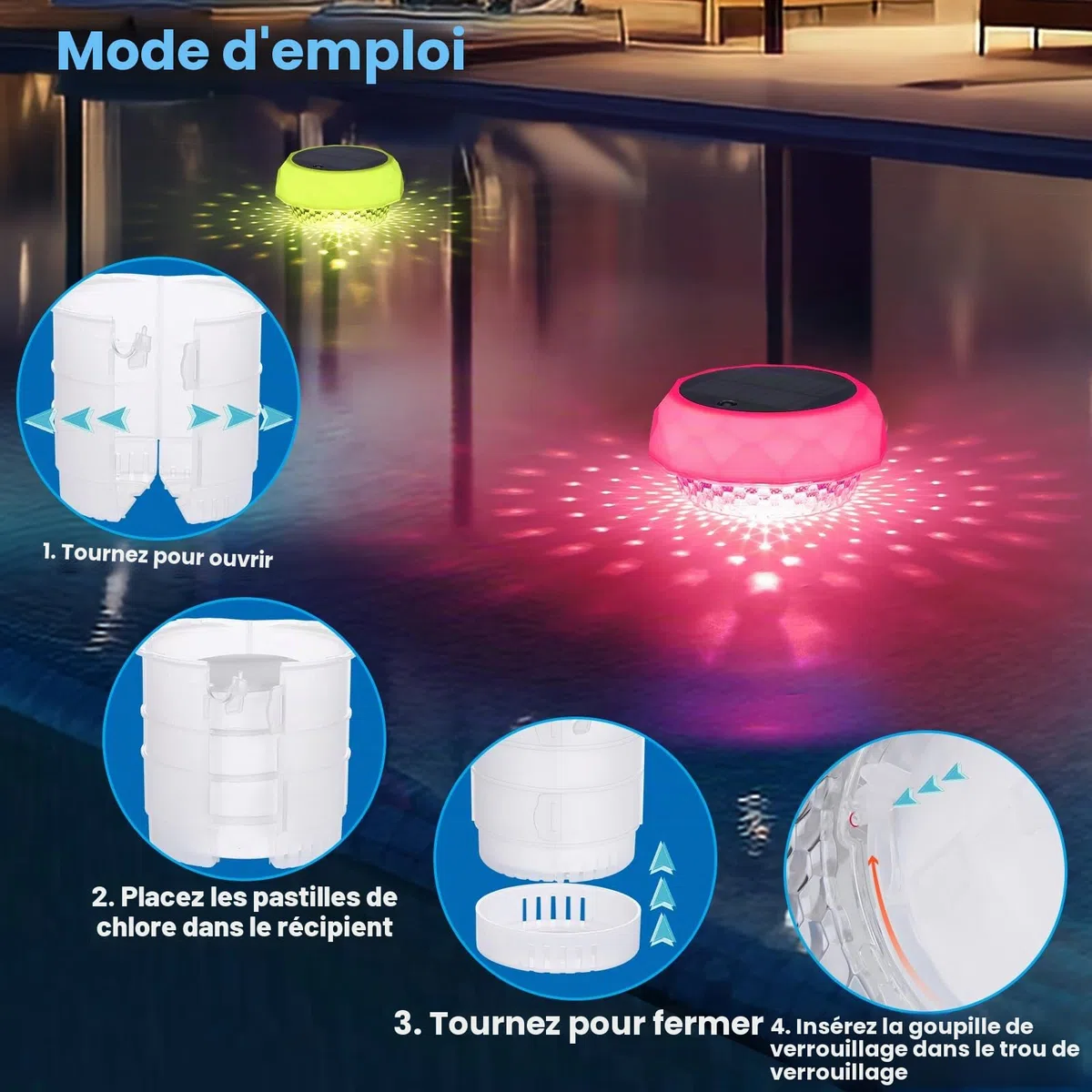 Qoolife Flotteur de chlore de piscine avec lumière solaire, distributeur de chlore flottant pour tablettes de 2,5 cm et 7,6 cm, distributeur de chlore flottant avec télécommande et réglable pour