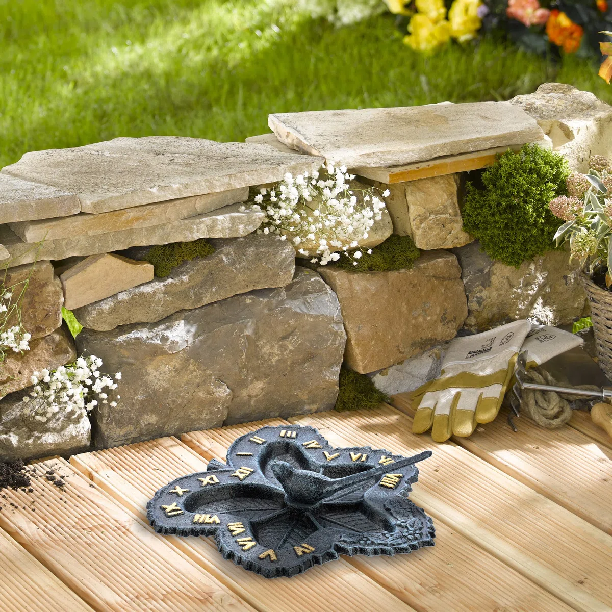 Relaxdays Cadran Solaire pour Jardin, Fonte de Fer, Design Antique, Feuille & Oiseau, déco extérieure, Anthracite - doré