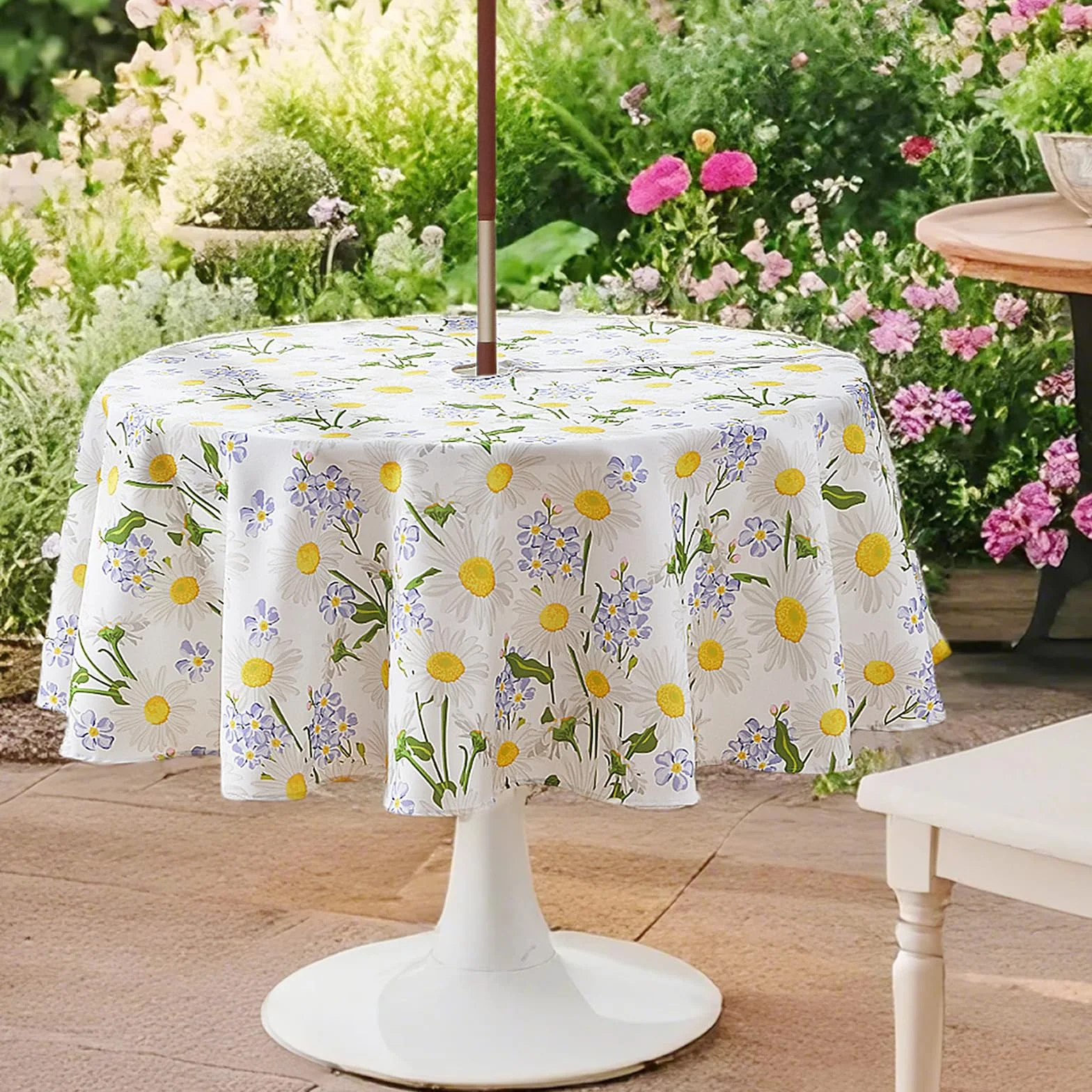 Nappe ronde d'extérieur 150 cm - Nappe essuyable avec trou de parasol et fermeture éclair, Nappes de table de jardin imperméables Housse de table étanche Nappe de table circulaire essuyable pour table