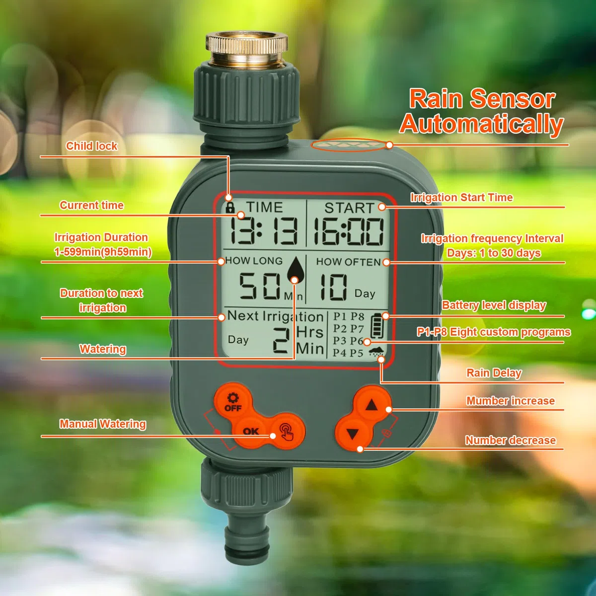 Programmateur Arrosage Automatique Manuel, Retard de Pluie Minuterie d'arrosage, 8 programmes Grand Écran LCD, Verrouillage Enfant, IPX5 Imperméable pour Balcon Jardin Parterre Ferme Extérieur