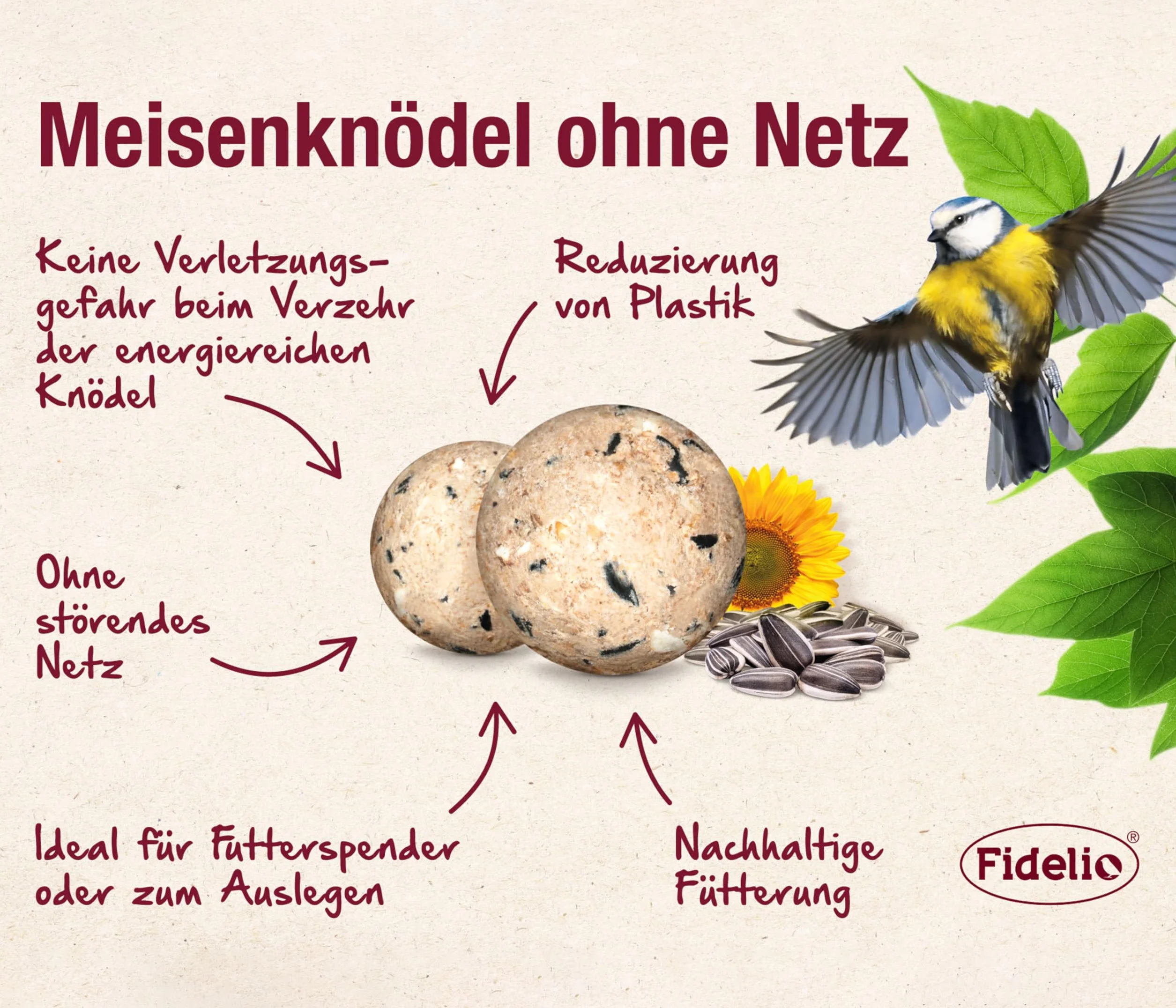 Fidelio Lot de 100 boules de graisse sans filet - Nourriture pour oiseaux sauvages toute l'année - Riche en protéines et en énergie - Nourriture pour oiseaux sauvages de qualité supérieure - Carton de