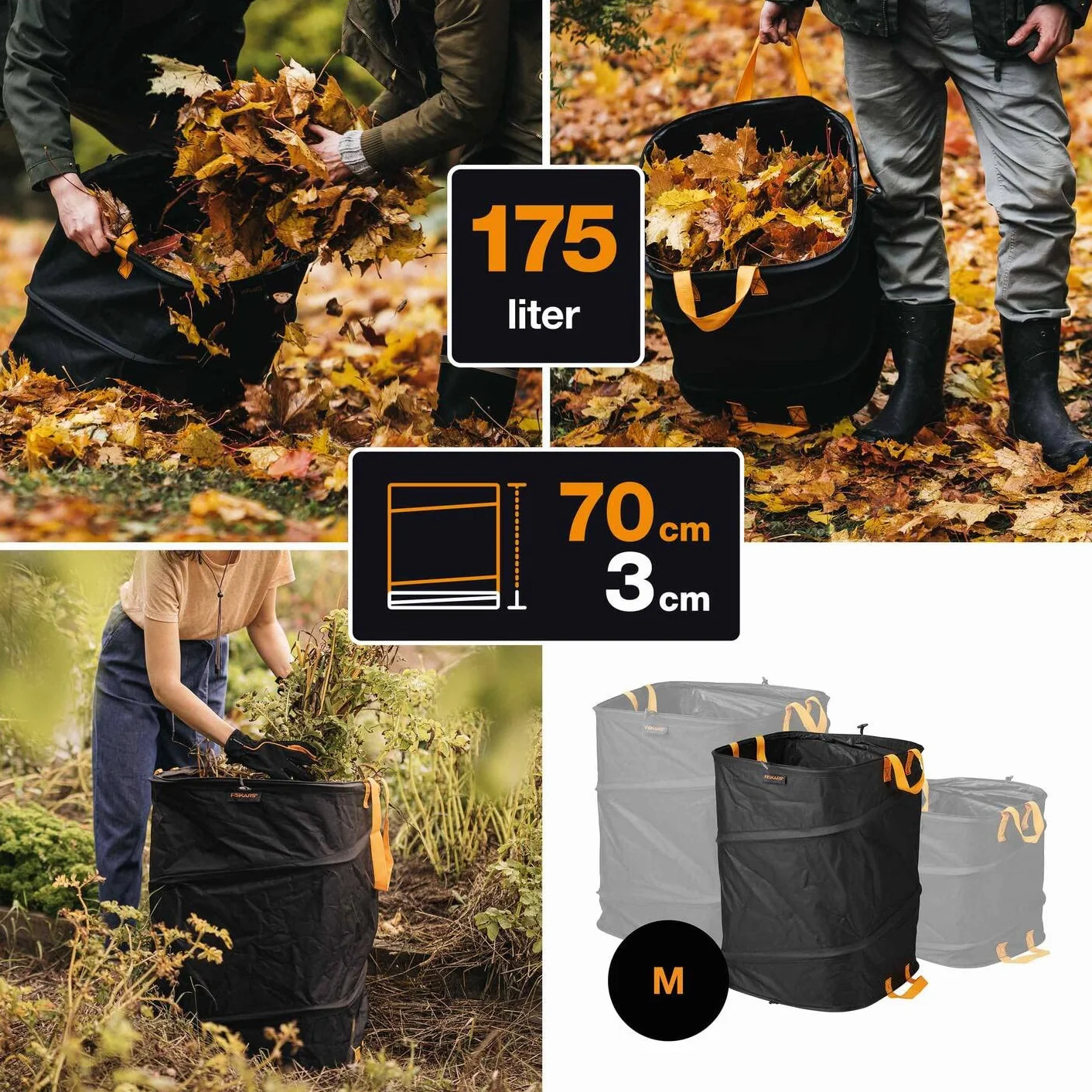 Fiskars Sac à végétaux pop-up avec poignées, Peu encombrant et pliable, Capacité : 175 l, Hauteur : 70 cm, Largeur : 50 cm, Noir/Orange, Ergo, 1028372