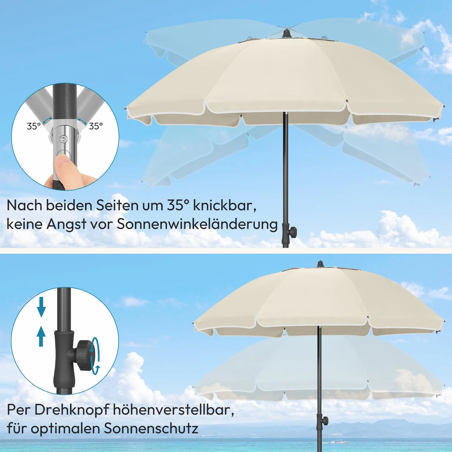 Laneetal Parasol de Plage Ø135/155/175cm, Imperméable en Tissu Anti-UV à UPF 50+, Toile Inclinable, Hauteur Réglable, Parasol Rond Anti-Vent pour Balcon/Terrasse/Patio/Piscine