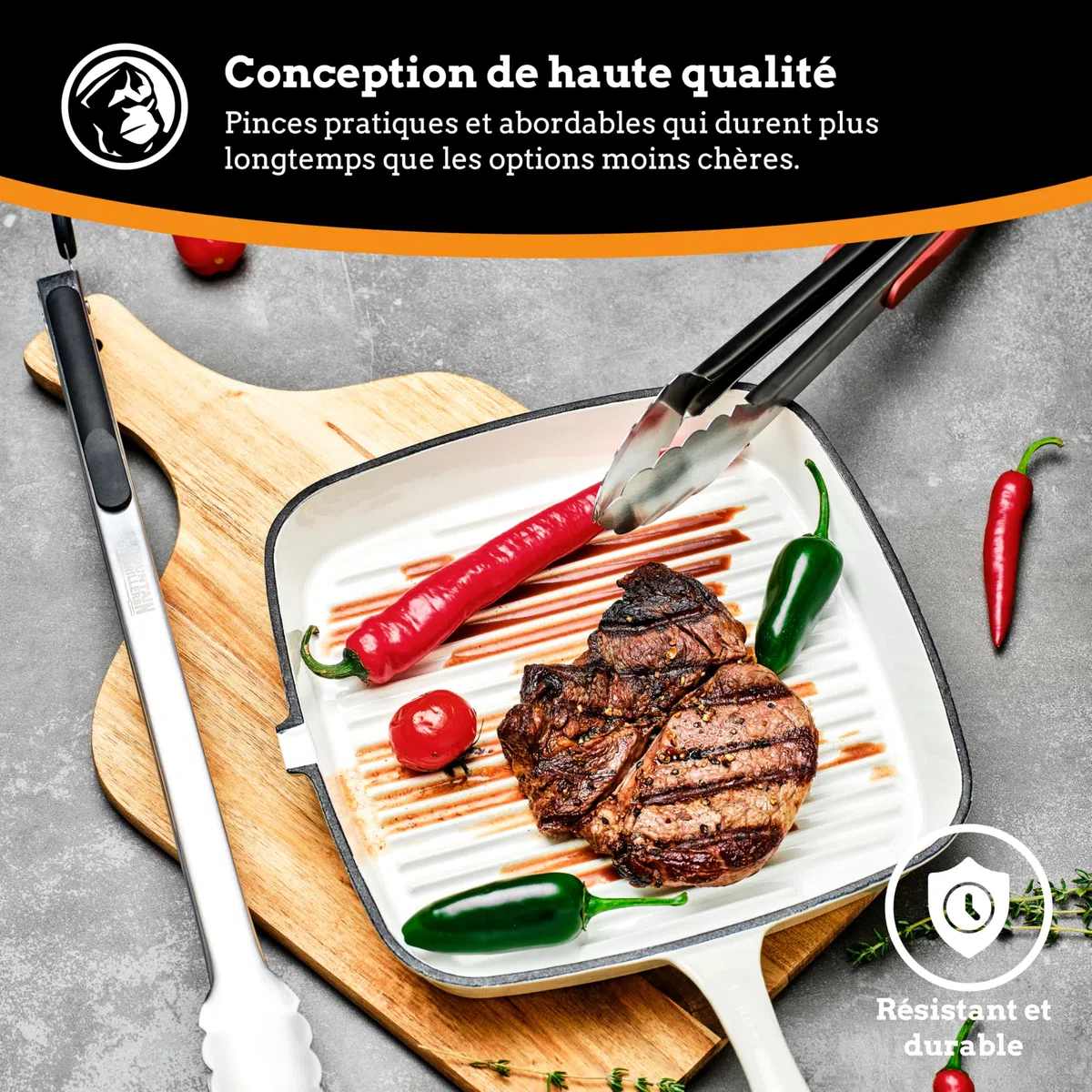 Longues pinces à gril en acier inoxydable (30 et 40 cm) - 2 pinces à gril et à barbecue en métal avec poignée antidérapante résistant à la chaleur - Outils de gril faciles à utiliser et à laver.