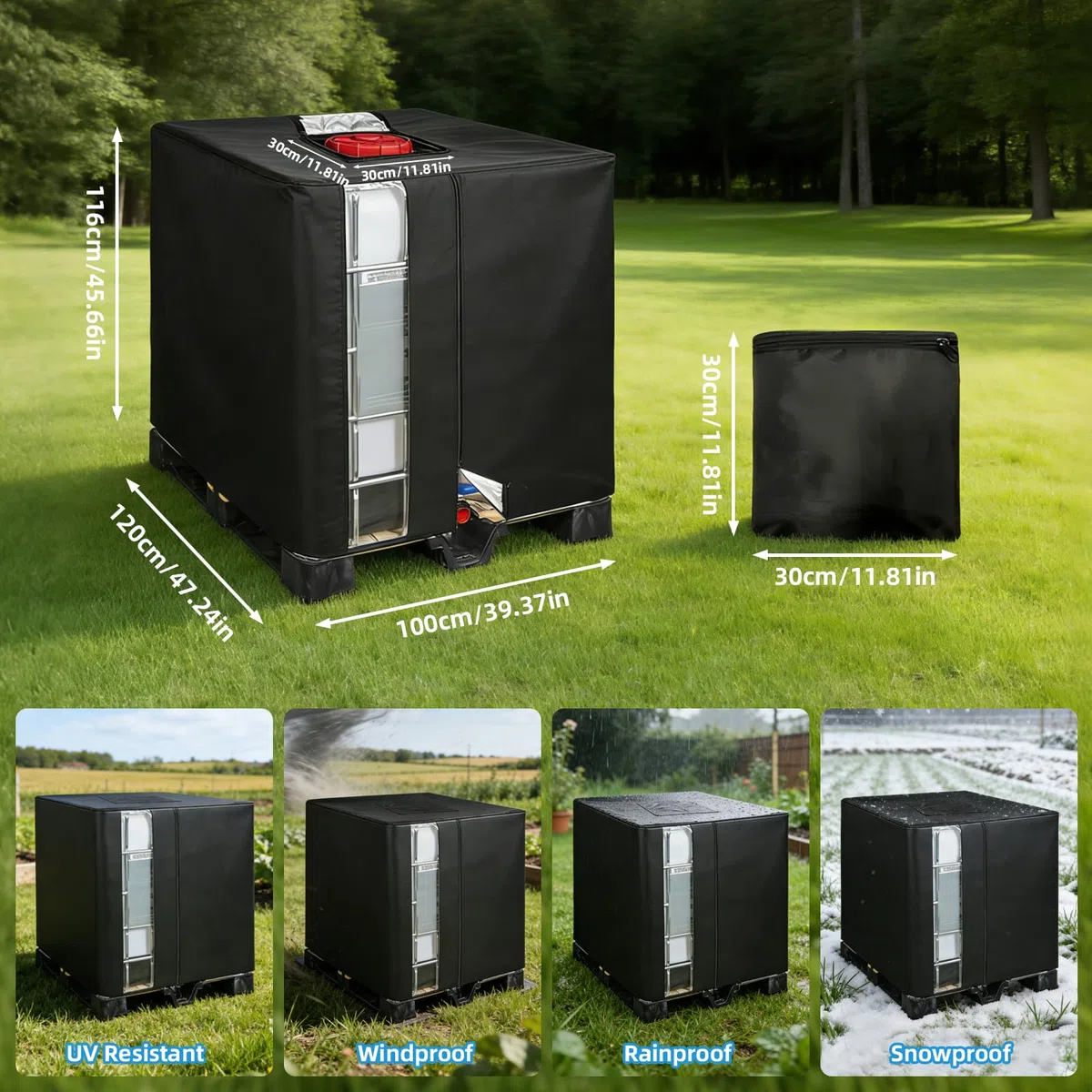 Bache pour Cuve 1000L IBC Anti UV Noir 420D, 120x100x116 cm Housse de Protection pour Cuve 1000L Conteneur IBC, Bâche de Réservoir Cuve d'eau 1000L Couvercle avec Fermeture Éclair