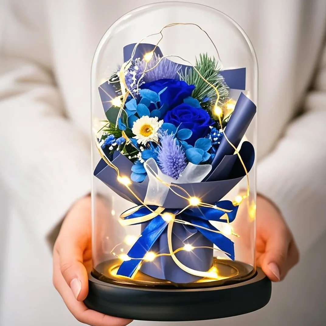 Cadeau pour femme - Rose éternelle dans un verre avec LED - Bouquet de roses bleues - Décoration de la maison - Véritables fleurs durables pour maman, petite amie, épouse, grand-mère (bleu)