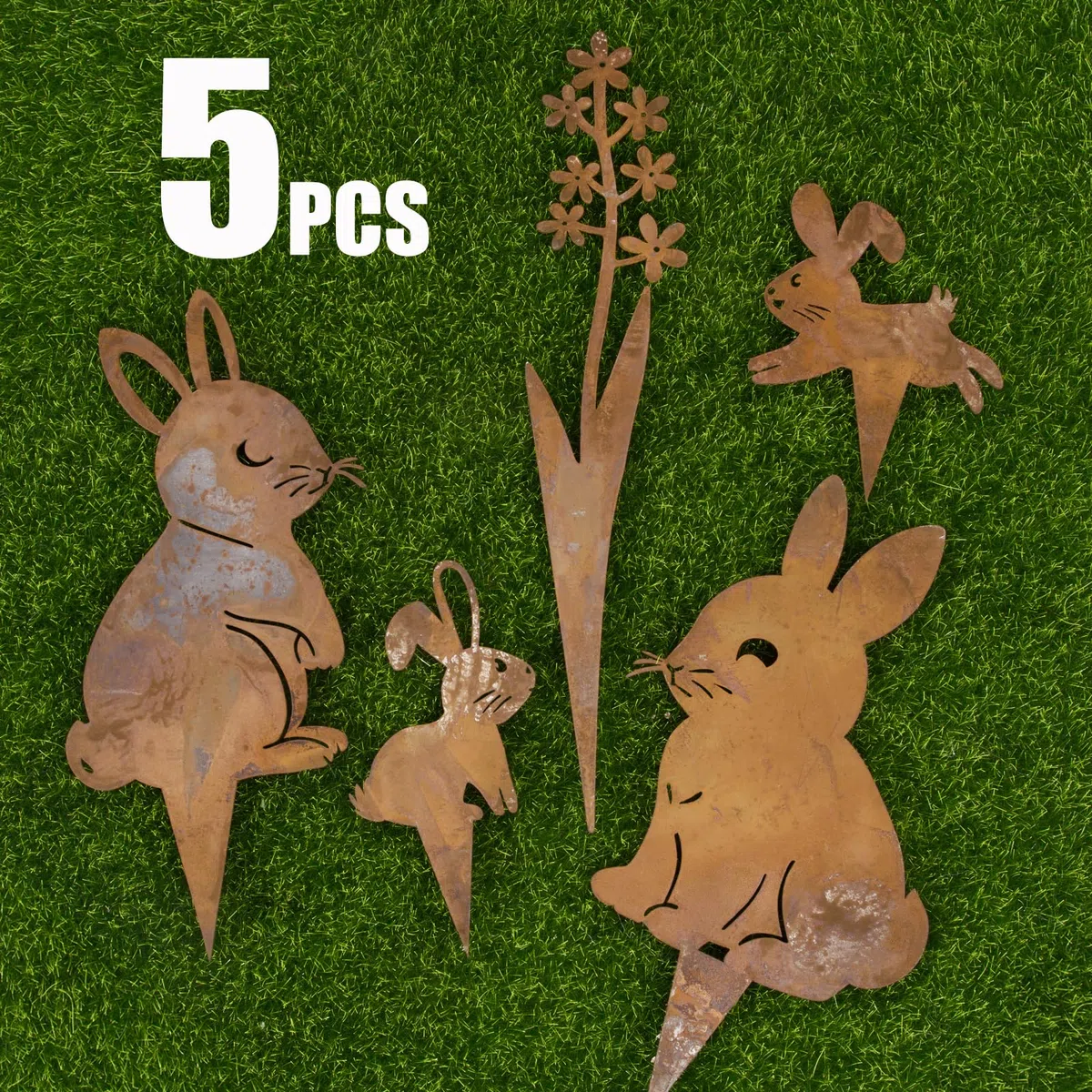 BOFUNX 5pcs Signes de Cour Pâques Signe de Pelouse en Fer Rouillé Forme de Lapin Panneaux de Pâques Piquets de Jardin Décorations Extérieures Jardin de Pâques