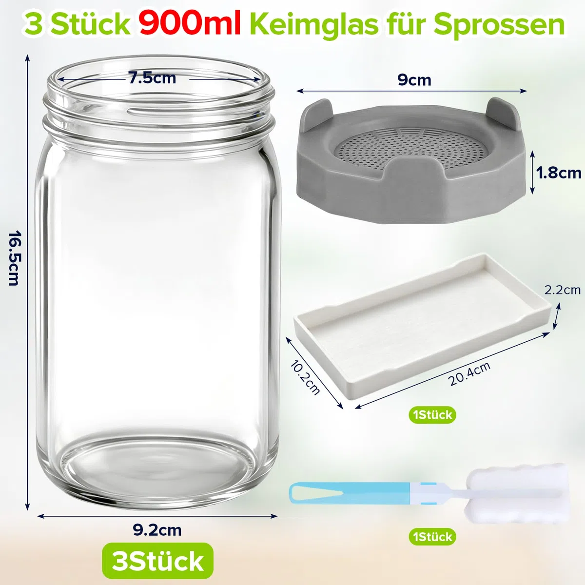 Lot De 3 Bocal De Germination, 900ml Pots Mason à Large Ouverture Couvercles De Germination, Pots De Germination Lot, Plateau à éGouttage Et Brosse Nettoyage, pour La Luzerne Potager Familial