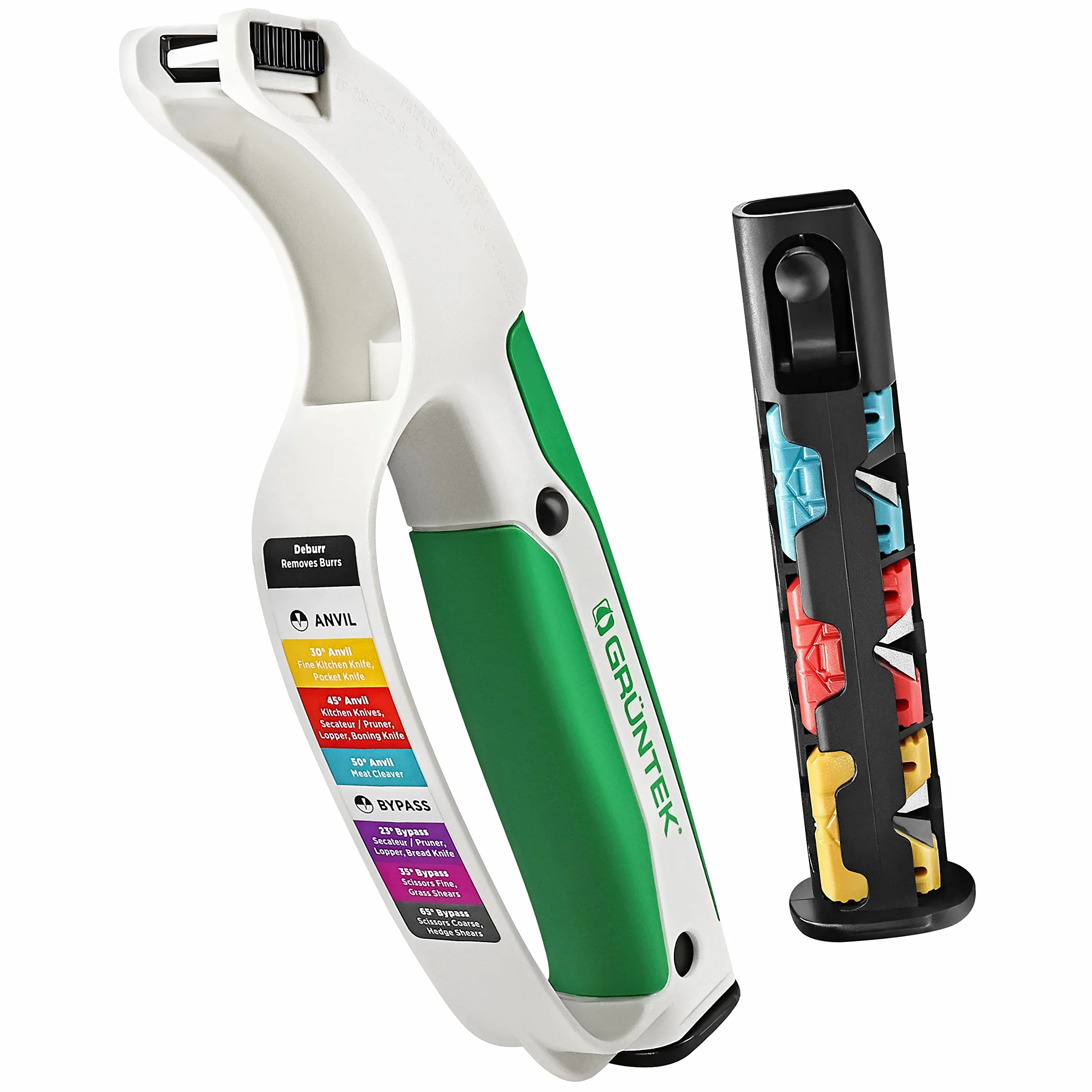GRÜNTEK Aiguiseur Professionnel Sécateur Couteaux, Ciseaux de Jardin et Cuisine Couture Cisailles. Avec 7 cartouches interchangeables.