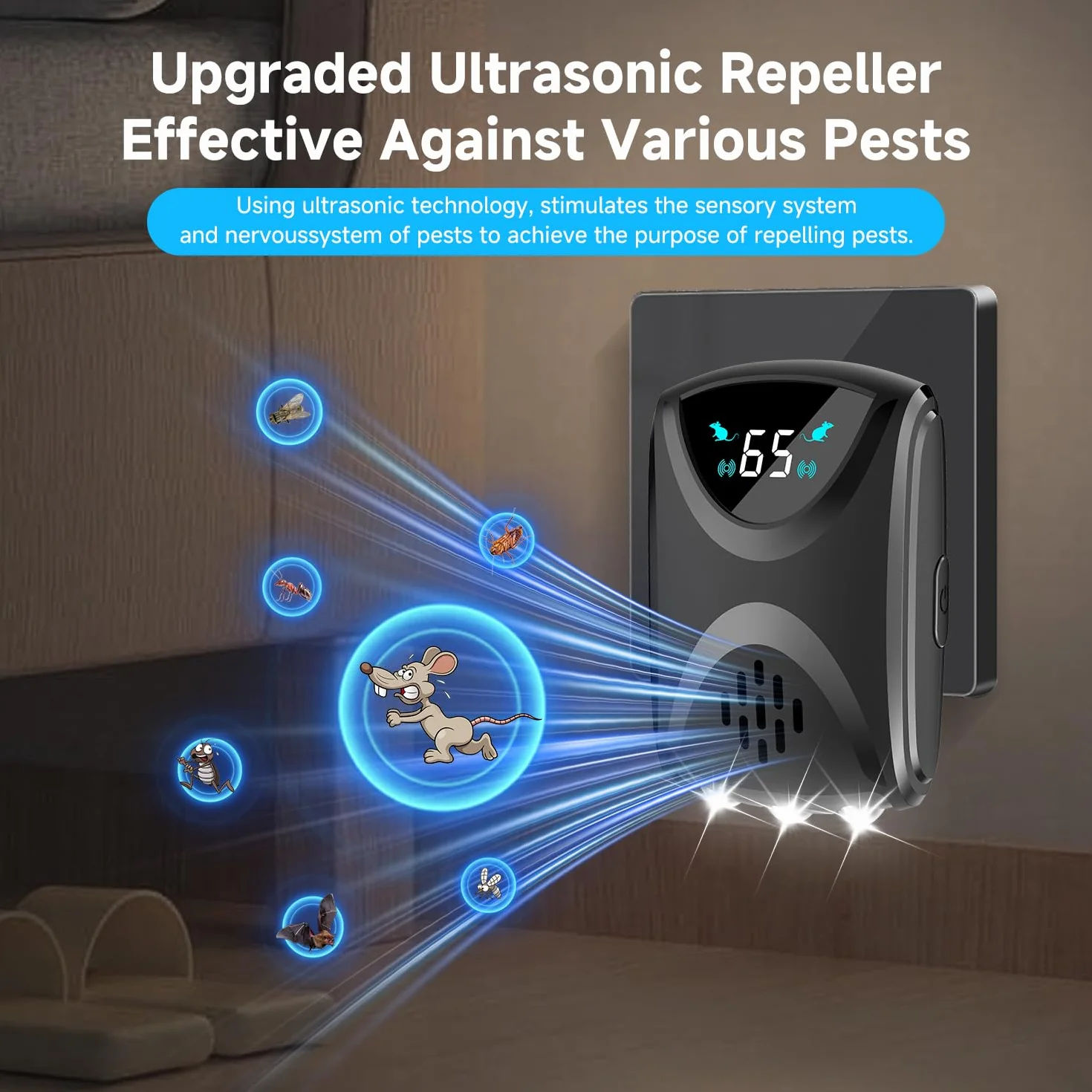 Répulsif à ultrasons pour souris - Répulsif efficace contre les souris avec ondes ultrasoniques - Fréquence réglable - Lumière stroboscopique LED - Lutte contre les rongeurs - Efficace contre