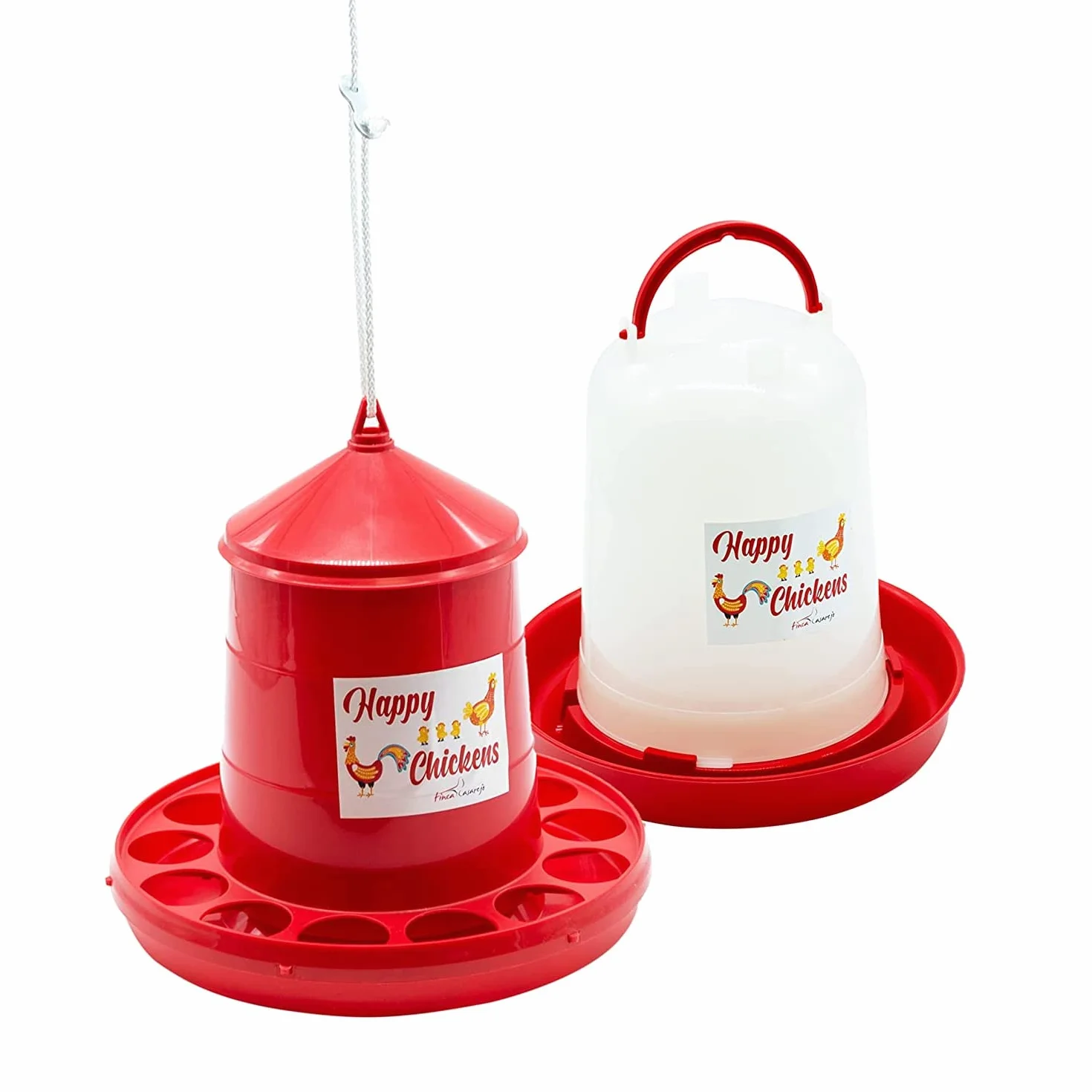 FINCA CASAREJO Pack Mangeoire 2 kg + Abreuvoir 3L pour Poules et Autres Volailles - Pack Happy Chickens - Corde Incluse pour Trémie
