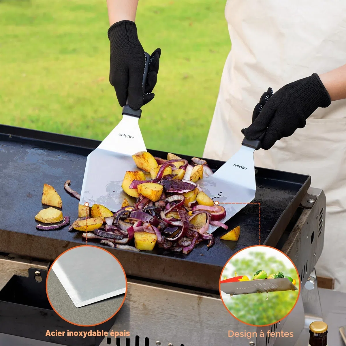 Onlyfire Ensemble de Spatules Acier Inoxydable, Kit Plancha Set Barbecue pour Teppanyaki, Plaque de Barbecue, Gril à Gaz, Accessoire Spatule BBQ Plancha, 3 Pièces