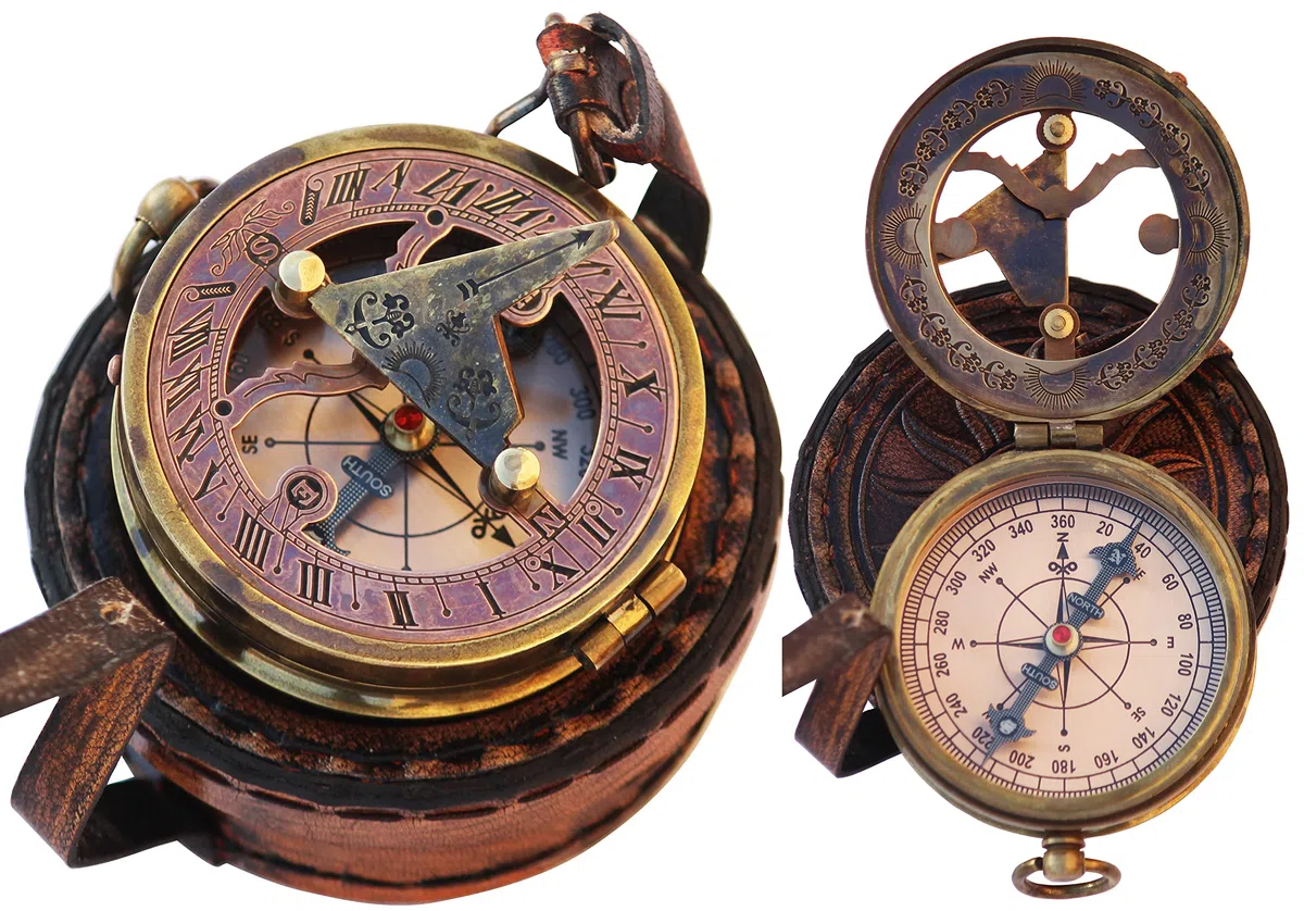 Cadran solaire boussole en laiton avec étui en cuir - Horloge solaire - Accessoire Steampunk - Cadeau nautique - Cadeaux de mariage pour lui - Montre cadran solaire