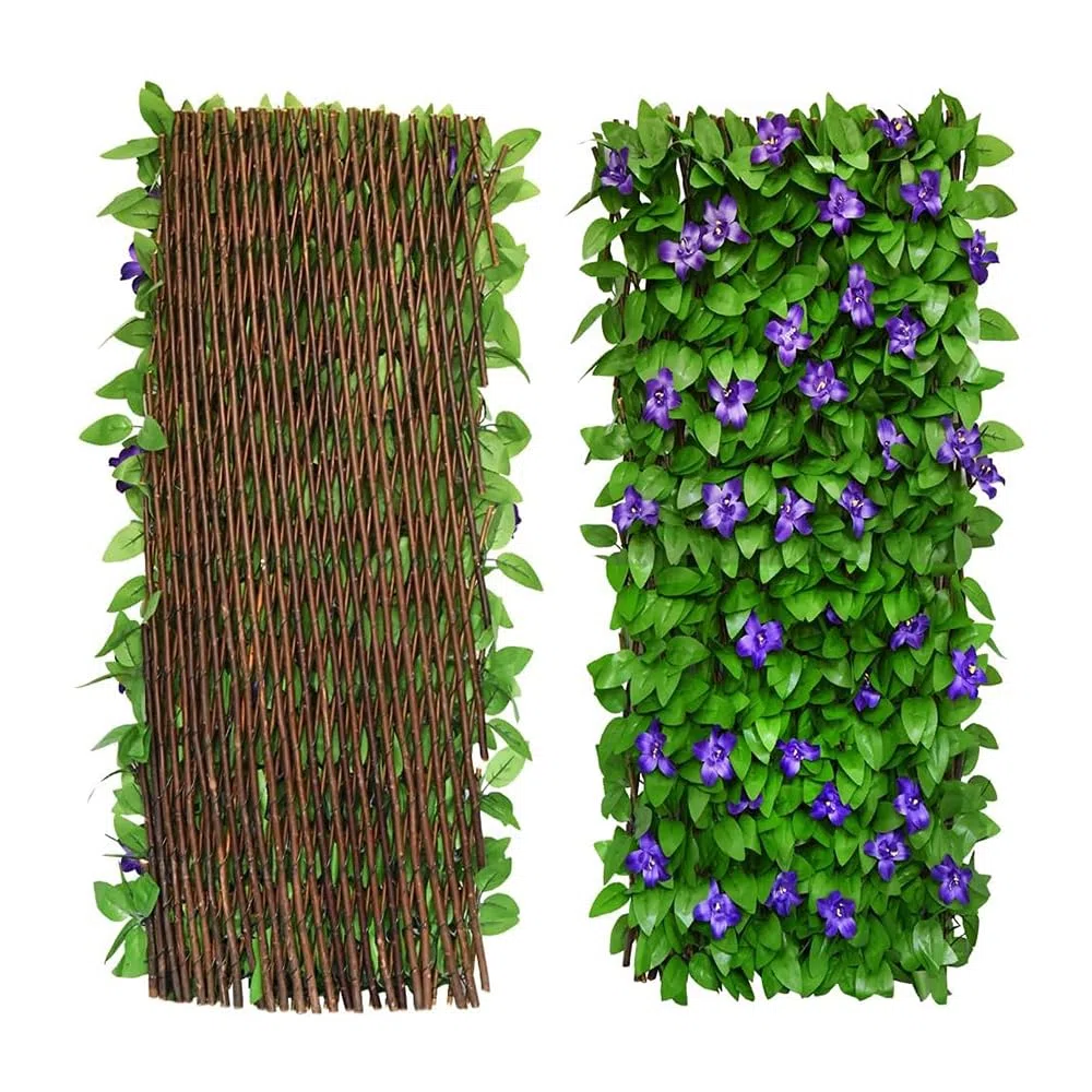 Lot de 2 brise-vue extensibles pour balcon, terrasse, extérieur, clôture décorative en faux lierre, haies artificielles, 30 x 200 cm, étendue (fleurs violettes)