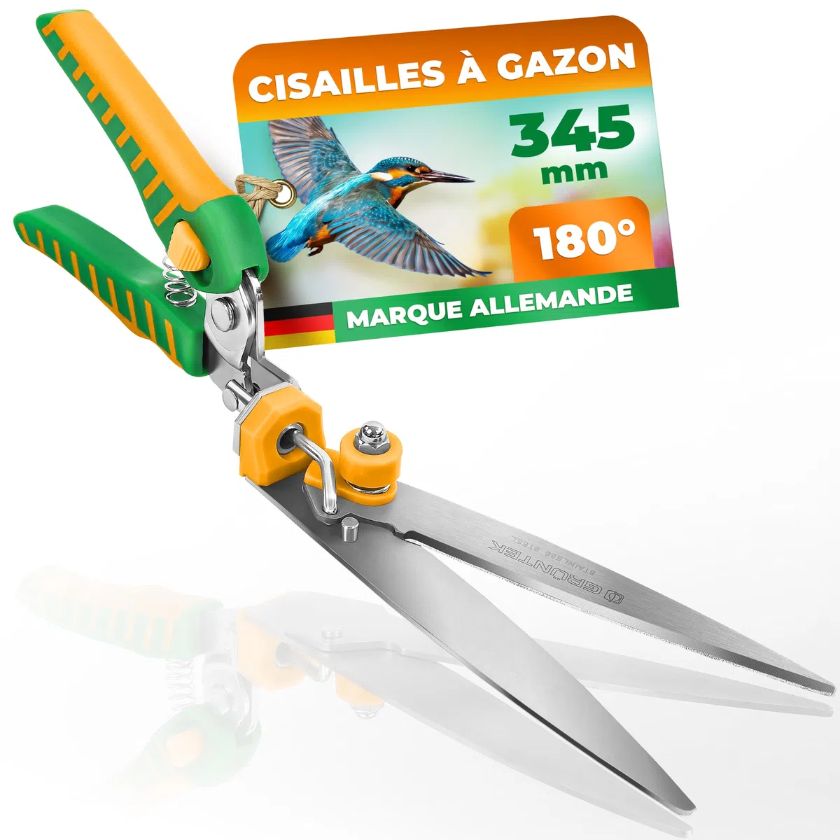GRÜNTEK Cisaille a Gazon Coupe Bordures Lame Orientable. Ciseaux Gazon Jardin PREMIUM en Acier INOX 34.5 cm
