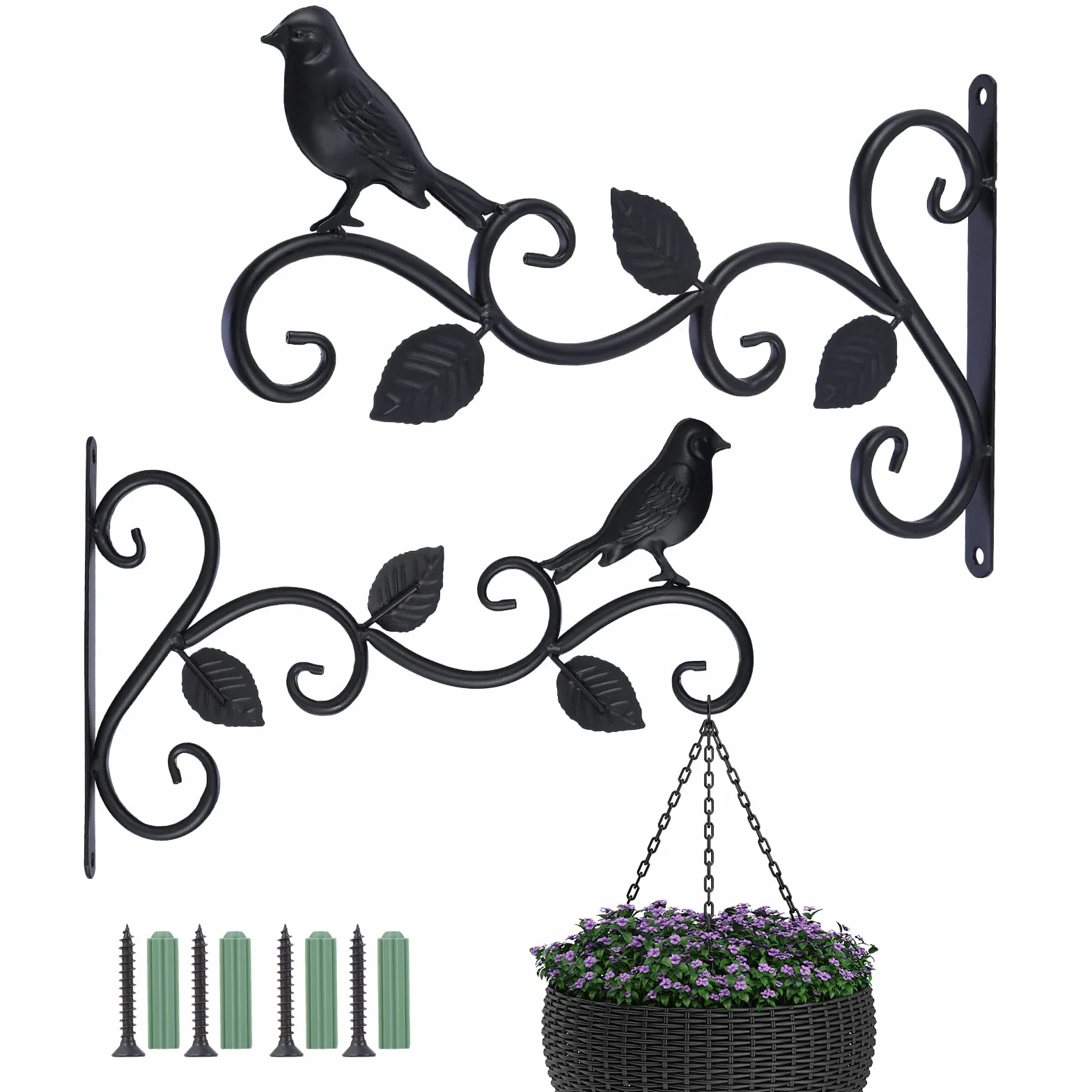 Kyrio Lot de 2 supports de panier à suspendre pour extérieur, 30,5 cm, crochets décoratifs en métal pour plantes suspendues, mangeoires à oiseaux, lanternes (3 feuilles), Noir, 30cm L x 19cm H