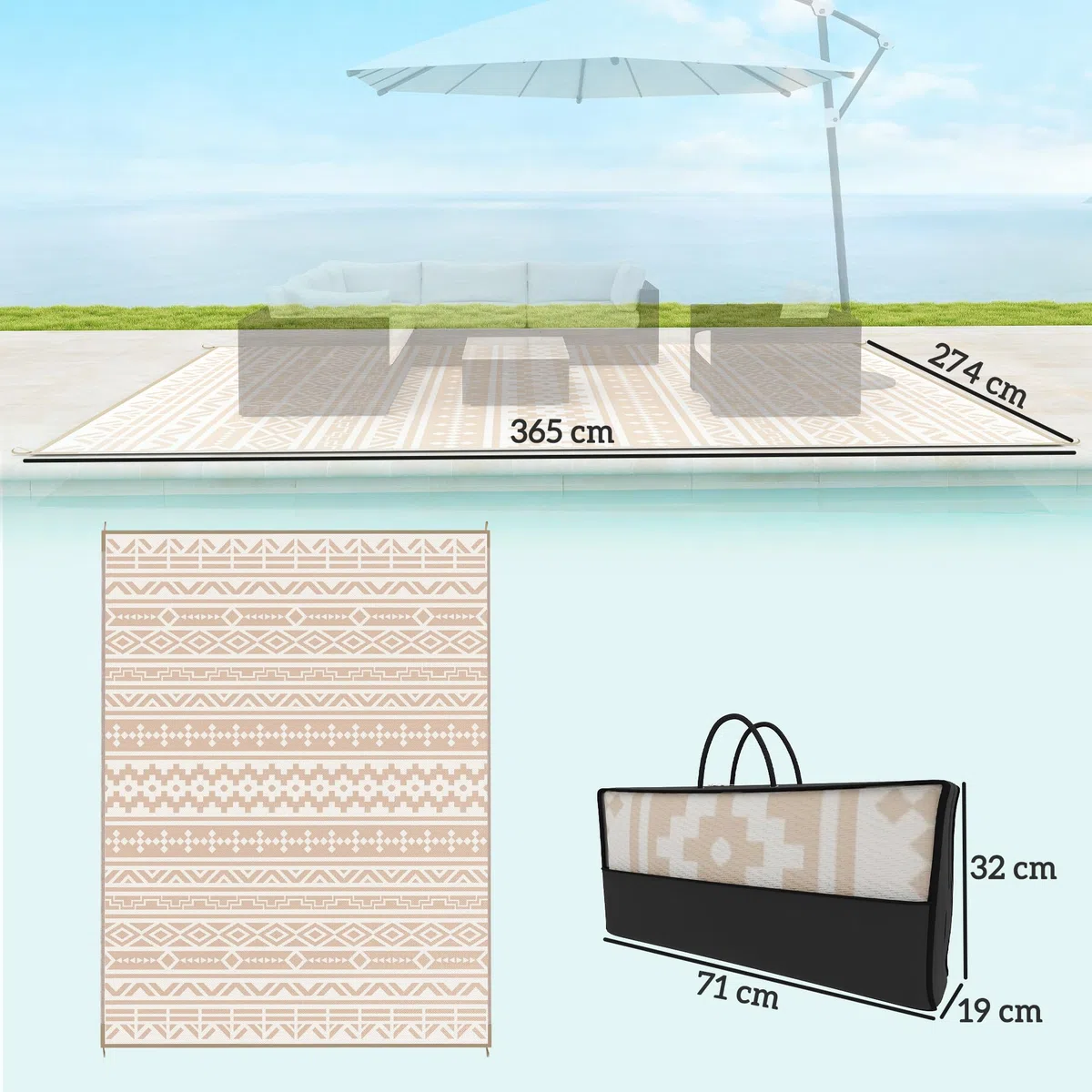Outsunny Tapis d'extérieur réversible 3,7 x 2,7 m, Tapis de Sol au Motif Mur géométrique en PP résistant aux intempéries, Sac de Transport Inclus, Tapis extérieur terrasse, Kaki et Beige Clair