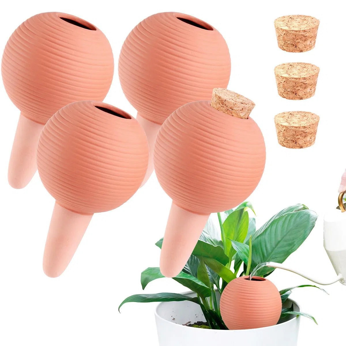 TerraCotta Lot de 4 piquets d'arrosage automatique pour plantes, 400 ml, avec bouchons en liège pour plantes en pot, orange