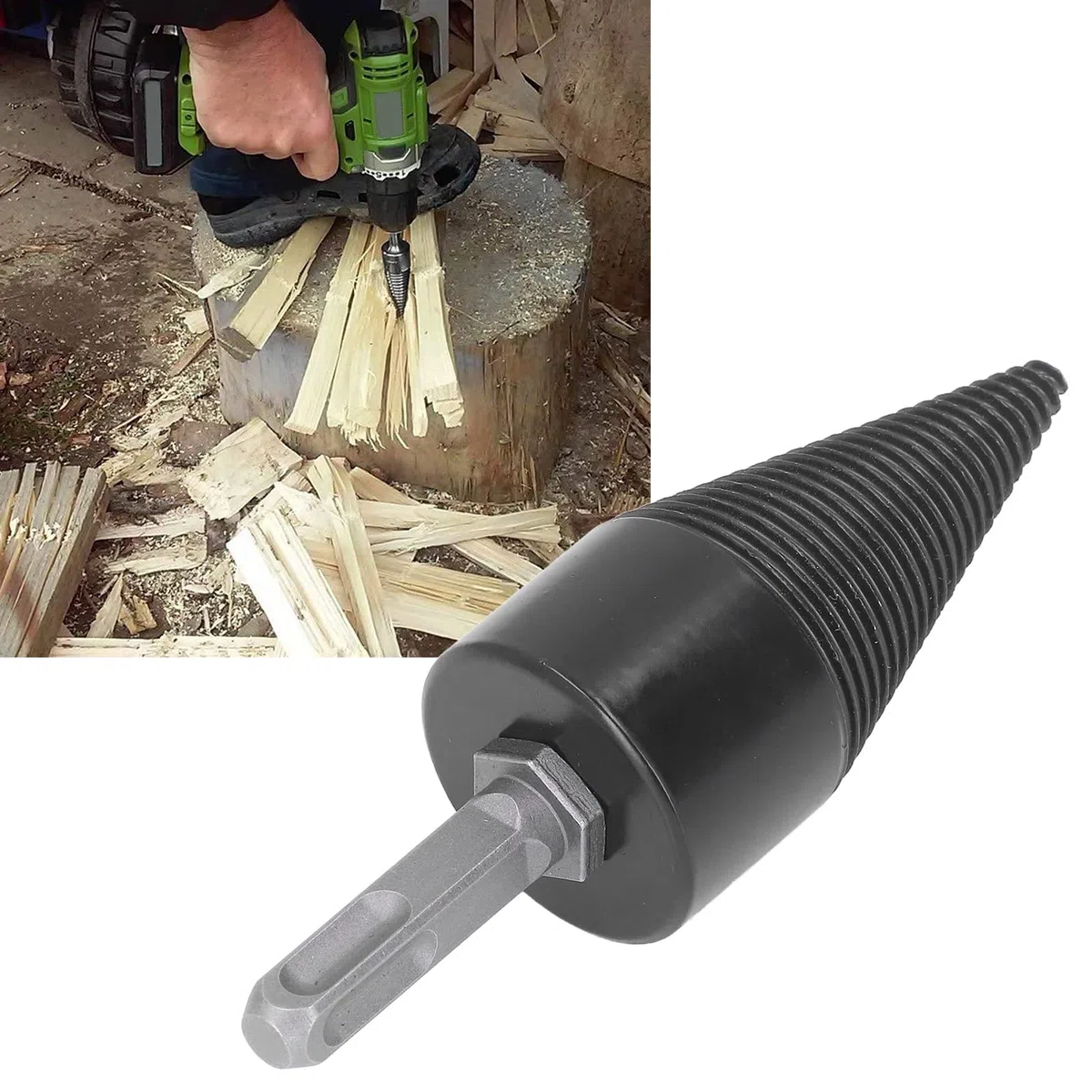 Foret à Cône de Fendage de Bois, Foret Fendeur de Bûches de Bois de Chauffage Outil de Fendage de Bûches en Acier au Carbone avec Tige Amovible pour Ferme Domestique (42MM)