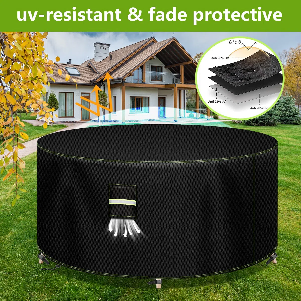 VDISRR Housse Table de Jardin, 600D Tissu Oxford Housses pour Mobilier Ø130 x 71 cm, Bâche Salon de Jardin avec Grilles D'aération, Imperméable, Coupe-Vent, Anti-UV Couverture de Protection Meubles