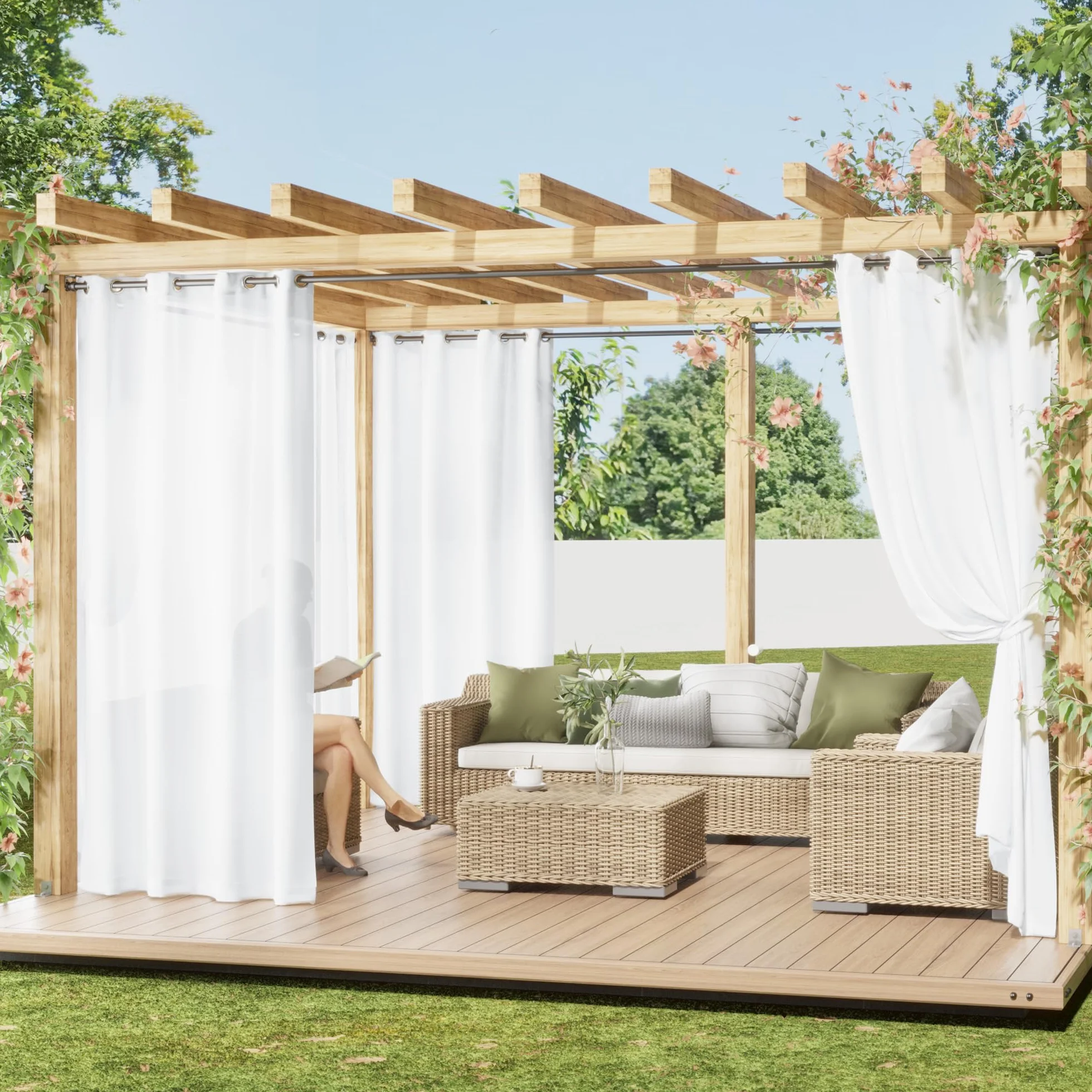 PONY DANCE Rideau d'Extérieur - Rideau Voilage Exterieur Semi-Transparent avec Oeillets Imperméable Protection Vie Privée pour Terrasse Balcon Jardin, L132 x H213cm, 2 Panneaux, Blanc Pur