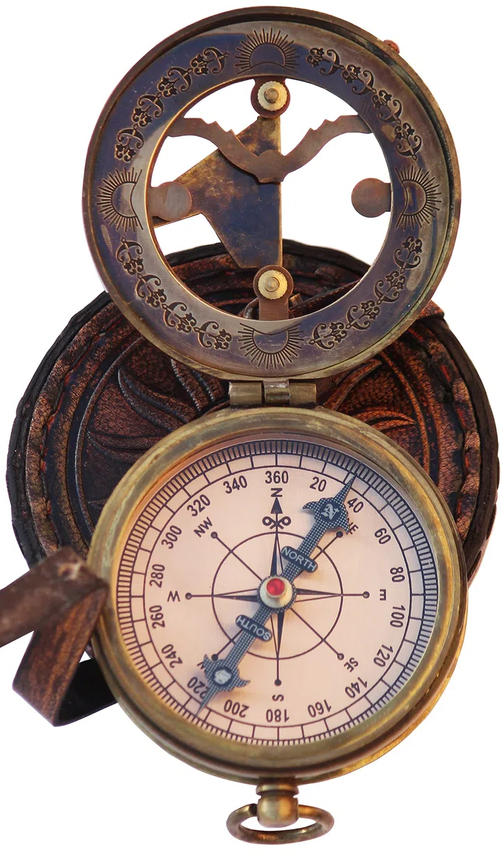 Cadran solaire boussole en laiton avec étui en cuir - Horloge solaire - Accessoire Steampunk - Cadeau nautique - Cadeaux de mariage pour lui - Montre cadran solaire