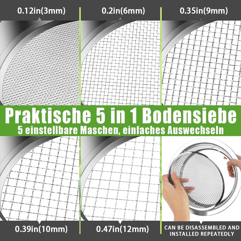 Tamis de Jardin en Acier Inoxydable,5 en1 Tamis Jardin Rond 30 cm,avec 5 Tamis Interchangeables Ø 3,6,9,10,12 mm,Tamis de Jardin Rond,Tamis à Compost pour Terre, Compost, Semences