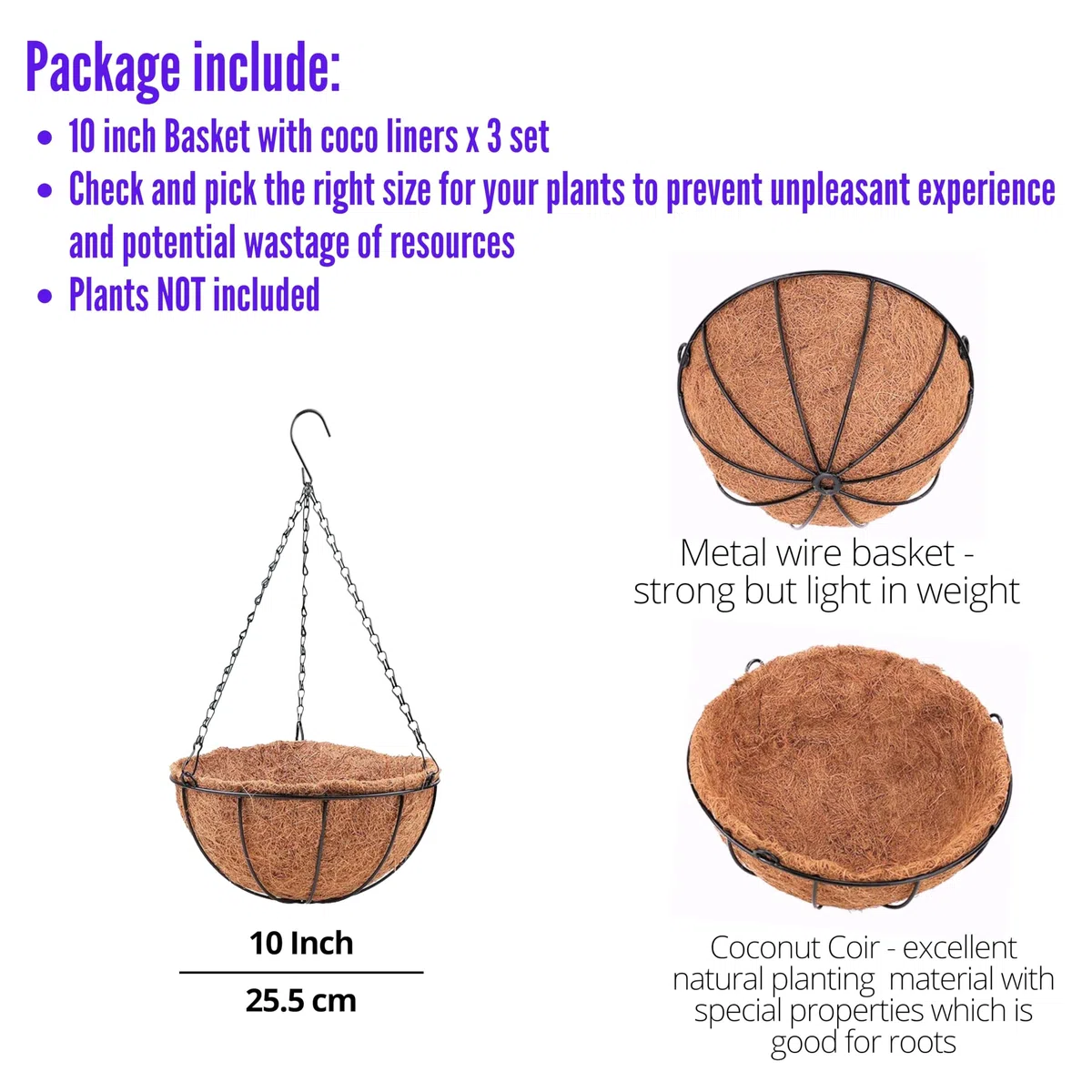 LáLáGreen Suspension pour Plantes avec Doublure en Fibre de Coco, Panier Suspendu en Métal pour Fleurs, Jardinière Suspendue pour Balcon, Terrasse, Jardin et Véranda (3, 10 inch)