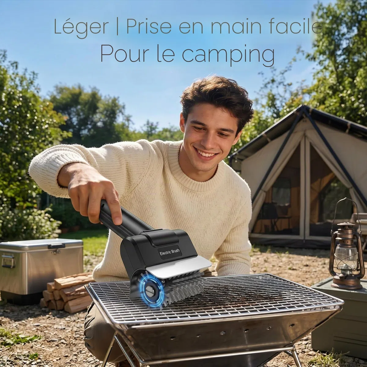 Brosse de gril électrique alimentée par batterie avec tête de brosse en acier inoxydable, brosse de gril en acier inoxydable, brosse de gril étanche pour grille en fonte, fumoir, plaque de gril (noir)