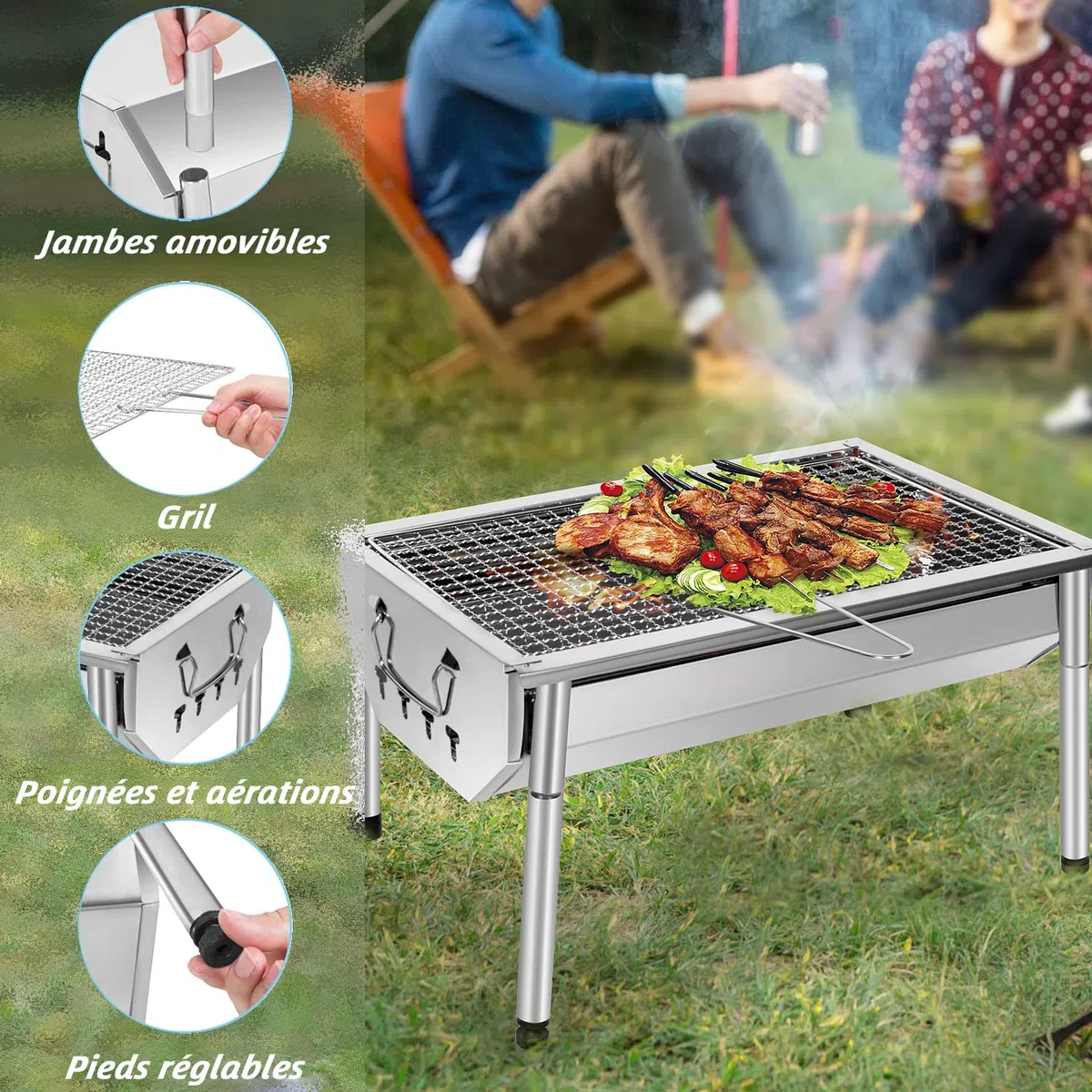 Barbecue Charbon de Bois INOX Ajustable Barbecue Démontable en Acier Portable BBQ Exterieur Grille sur Pied pour Jardin Pique-Nique Camping