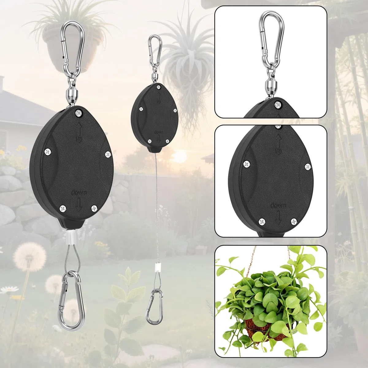 Tinoaly Lot de 2 Cintres Rétractables Robustes avec Poulies Réglables, en Acier Inoxydable avec Mousquetons pour Plantes Suspendues Mangeoires et Pots d'oiseaux d'Intérieur et d'Extérieur