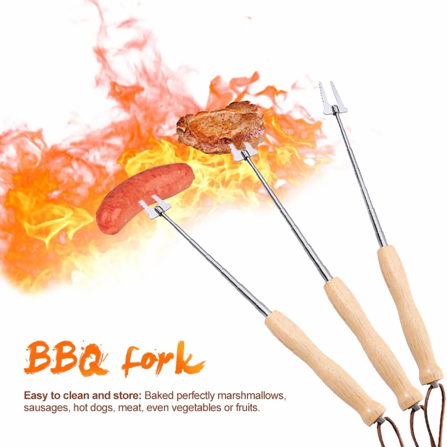 Lot de 4 brochettes à barbecue en acier inoxydable avec manche en bois - Pour barbecue, feu de camp et camping