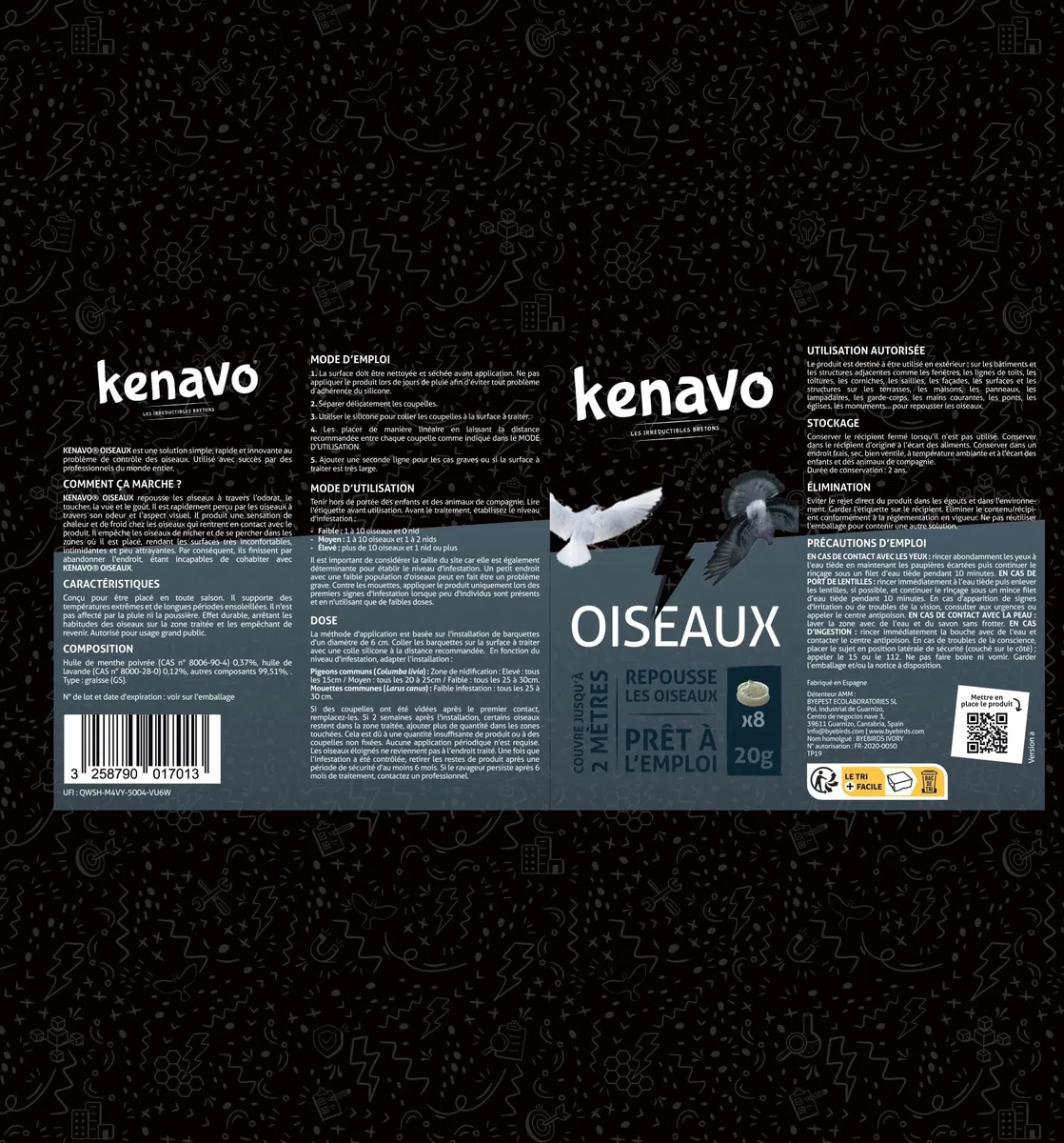 Kenavo Répulsif Oiseaux Gel en coupelles x8 préremplies Système dissuasif prêt à l’Emploi pour Pigeons et mouettes | Repousse sans dommage | Usage extérieur (rebords, balcons, toitures)