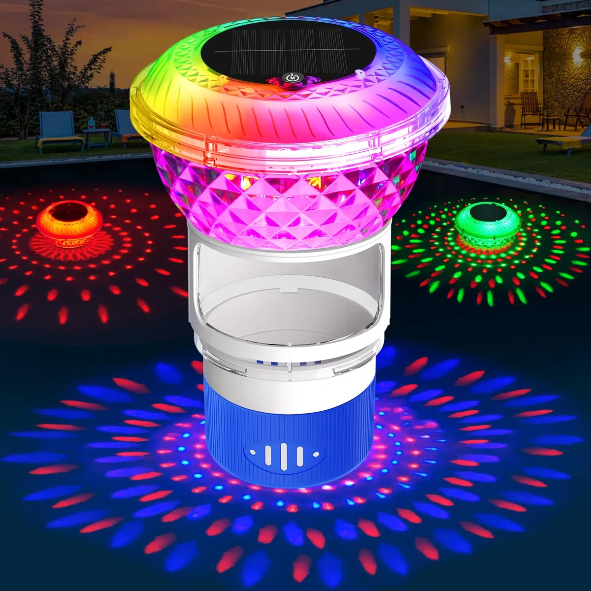 DeeprBling Diffuseur Chlore Piscine avec Solaire Lumière Marquise, Flotteur Chlore Piscine avec Bouton, Diffuseur Piscine Chlore Flottant à LED Changeant Couleur, Distributeur Chlore Flottant Piscine