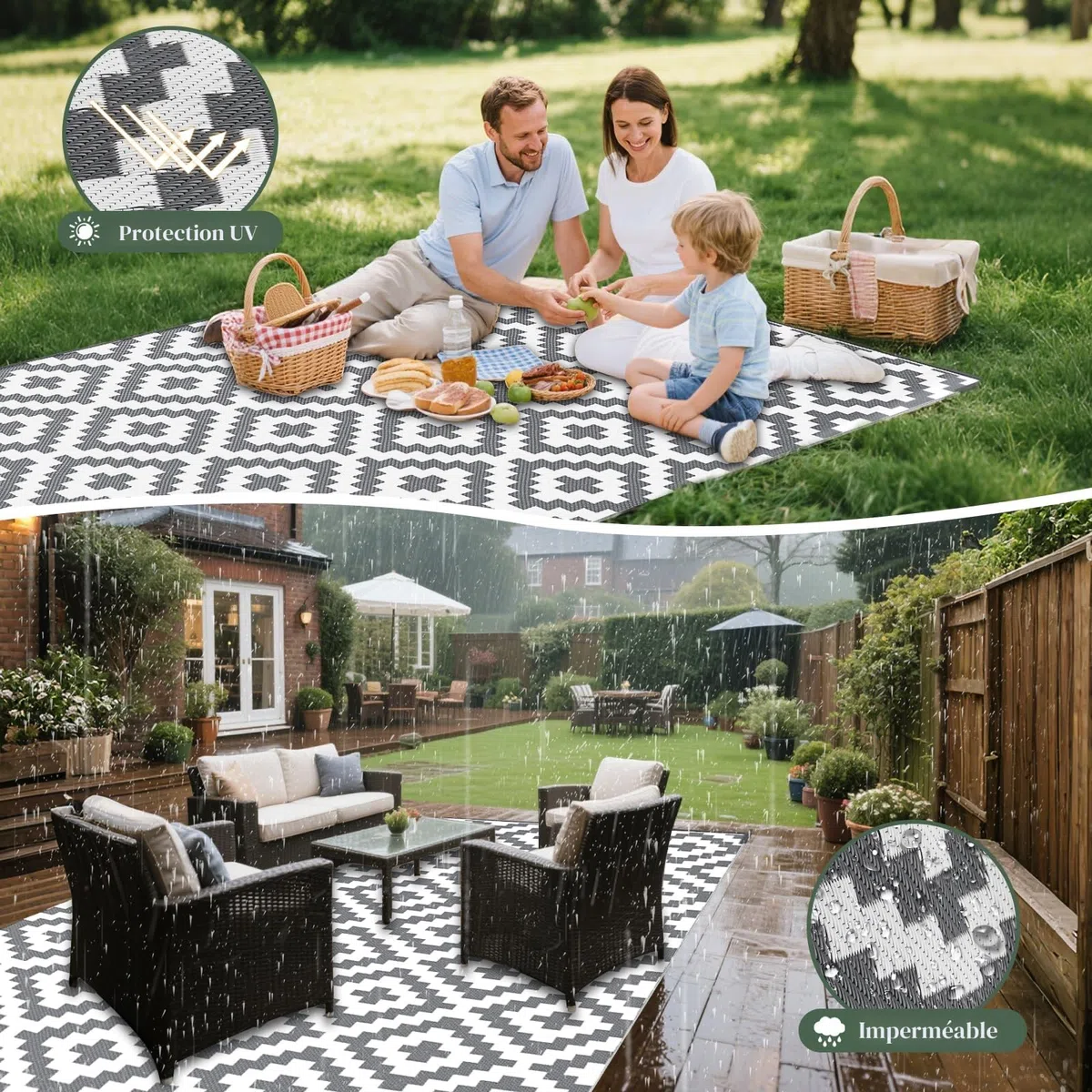 Mokani Tapis Exterieur Resistant Pluie, Tapis extérieur pour Patio, terrasse, Plage, Pique-Nique, arrière-Cour (150 x 240 cm, Gris & Blanc)