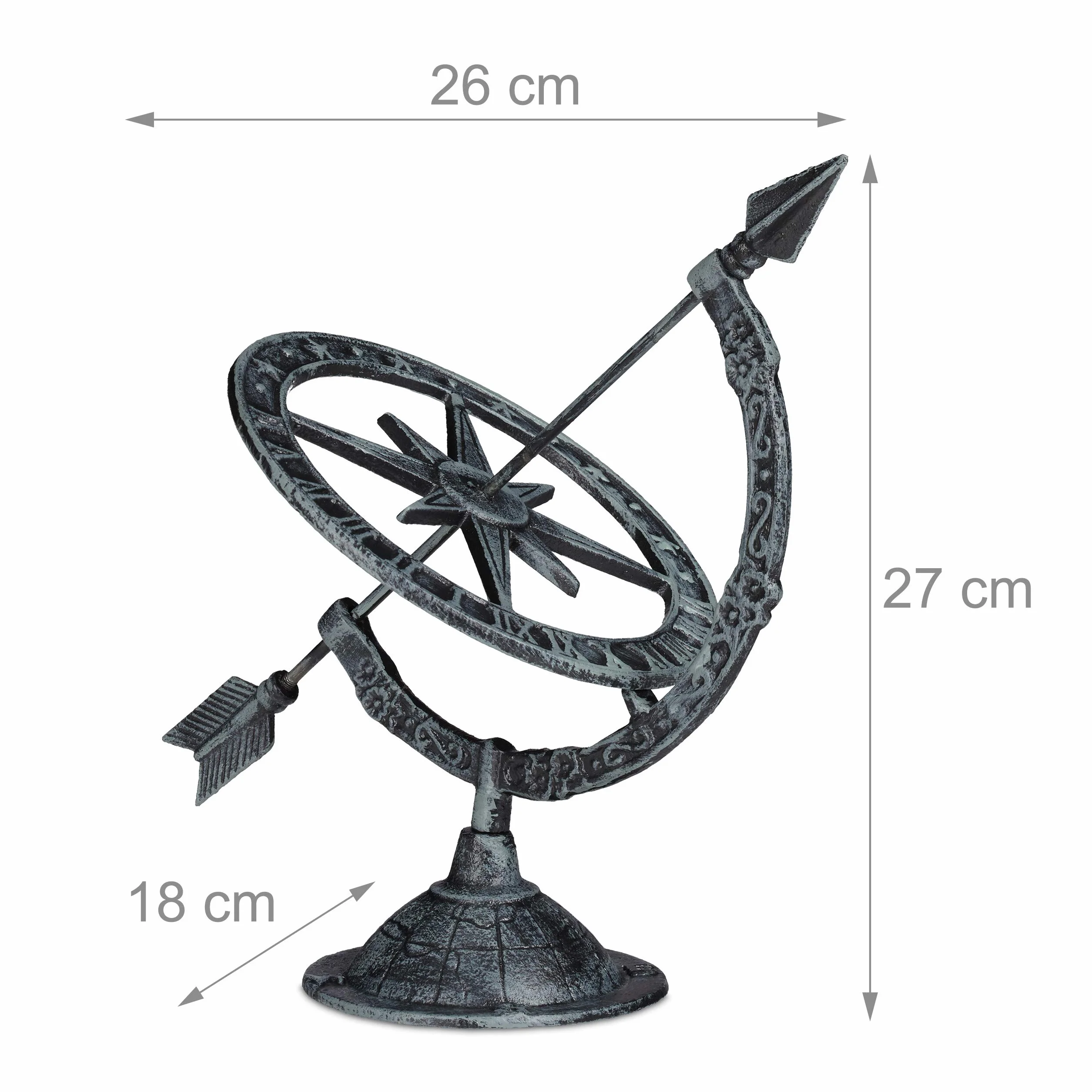 Relaxdays Cadran Solaire de Jardin, Fonte de Fer, Horloge Soleil au Design Antique, résistant, 27 x 26 x 18 cm, Gris