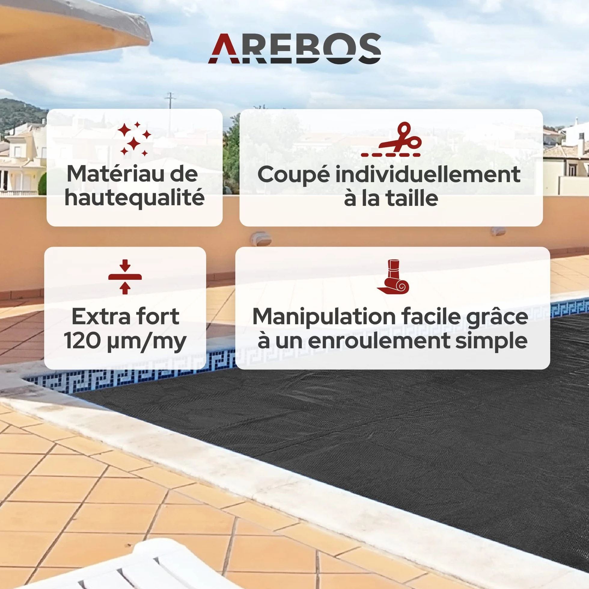 Arebos Pool bâche/Couverture Solaire | Bâche Solaire carrée Ø 4,5 x 2,2 m Noir | Bâche Solaire épaisseur 120 µm | Rouleau Solaire découpable | Chauffage de Piscine pour Chauffer l'eau