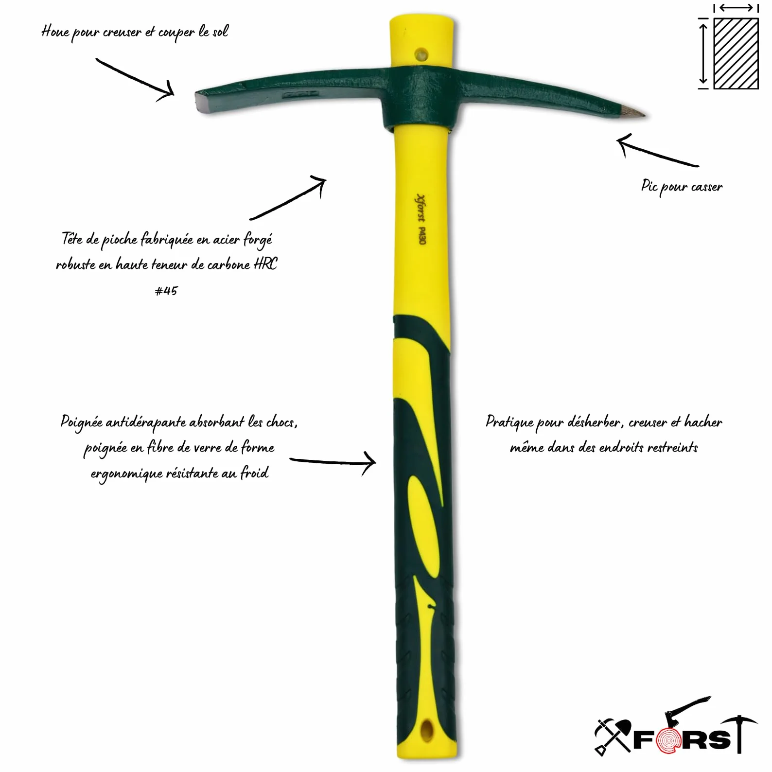 Xforst X-PF430 Pioche de Jardin. pour ameublir Le Sol, Le Jardinage ou la Prospection. avec poignée en Fibre de Verre légère et Solide et tête Robuste en Acier forgé à Haute teneur de Carbone.