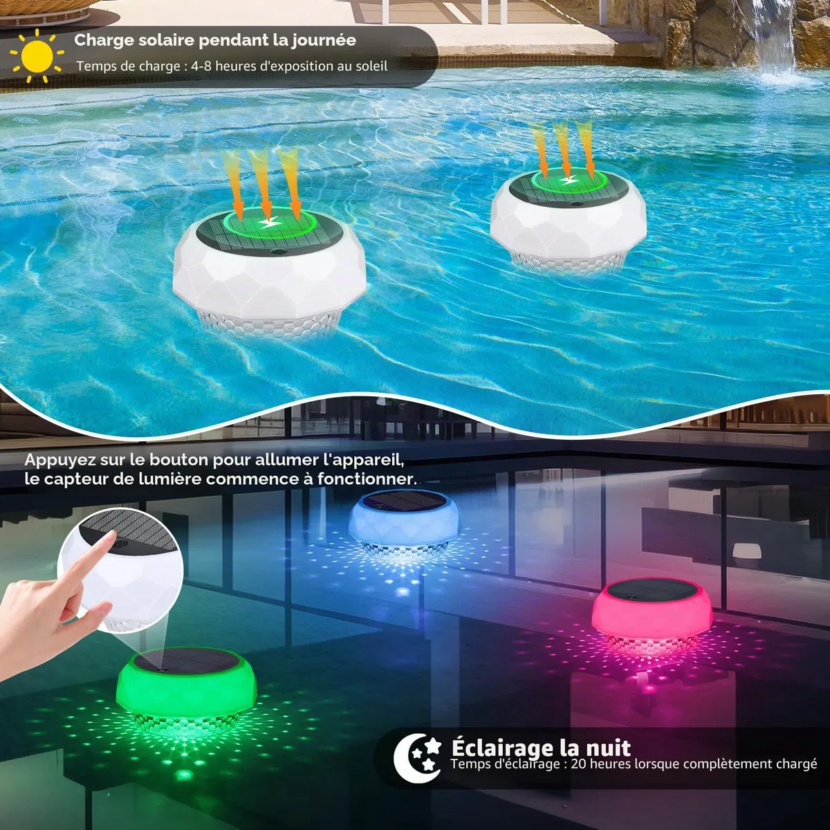 Qoolife Flotteur de chlore de piscine avec lumière solaire, distributeur de chlore flottant pour tablettes de 2,5 cm et 7,6 cm, distributeur de chlore flottant avec télécommande et réglable pour