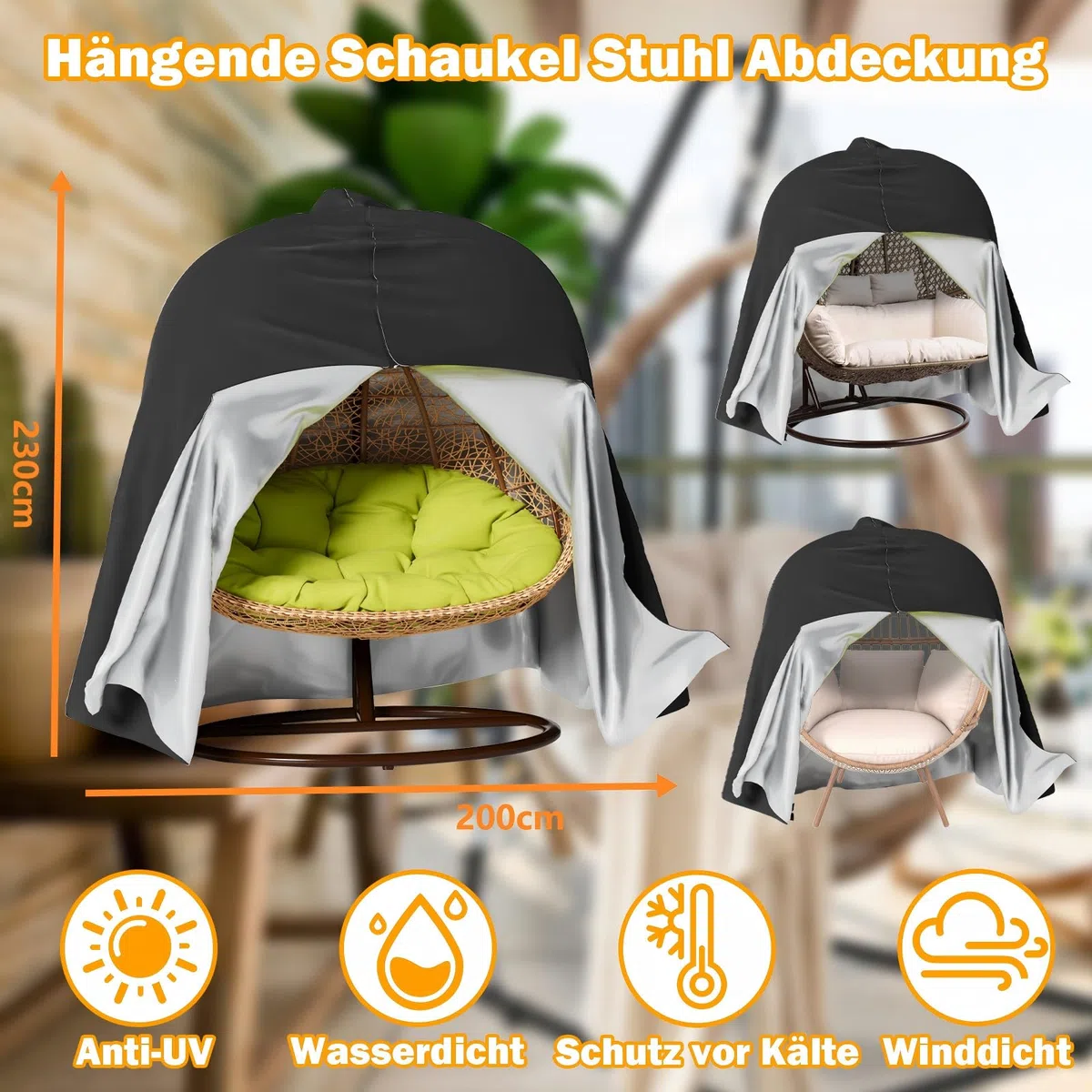 Grande housse de fauteuil suspendu, housse de protection pour terrasse, chaise à oeuf, chaise de natation, tissu avec revêtement en polyuréthane, imperméable, respirante (230x200 cm) Rouzin