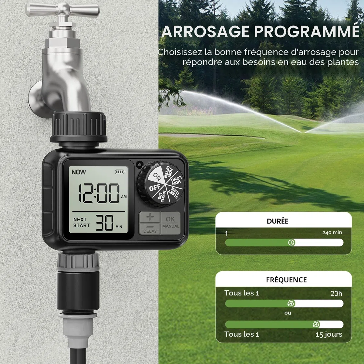 Ordinateur d'irrigation, minuteur d'arrosage avec Retard de Pluie/Mode Automatique et Manuel, IPX5 étanche/Grand écran LCD, minuterie d'eau pour Jardin, pelouse (1 Sorties)