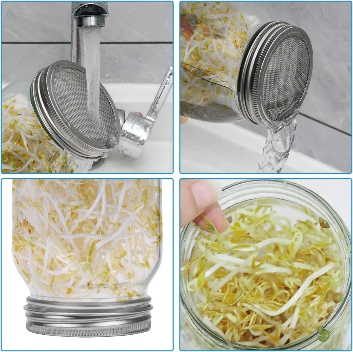 Bocal de Germination, 2 x 1000ml Germoir en Verre Bocal à Germes avec 2 Couvercle à Grille en Acier Inoxydable, 2 Support, 2 Plateau, kit de Bocal à Germes pour Brocoli Luzerne Haricots Verts