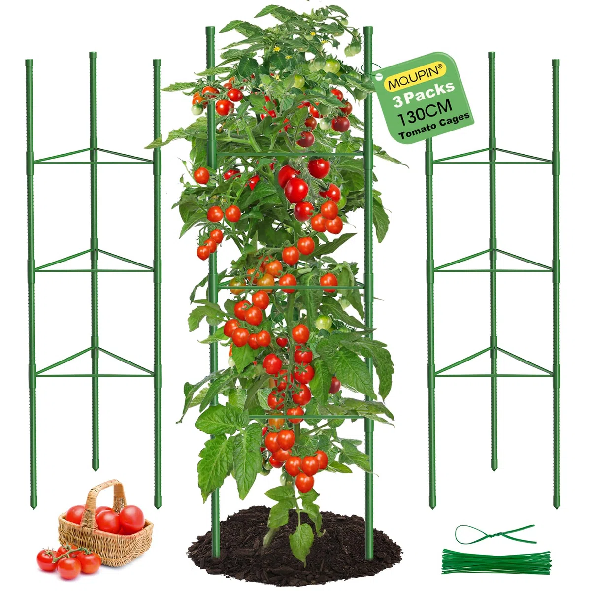 MQUPIN Tuteur Tomate,3pcs Cage à Tomates Support,130cm Vertical Cage à Tomates Treillis pour Jardin, piquets de Support pour Plantes grimpantes, légumes et Fleurs,Légumes et Fleurs