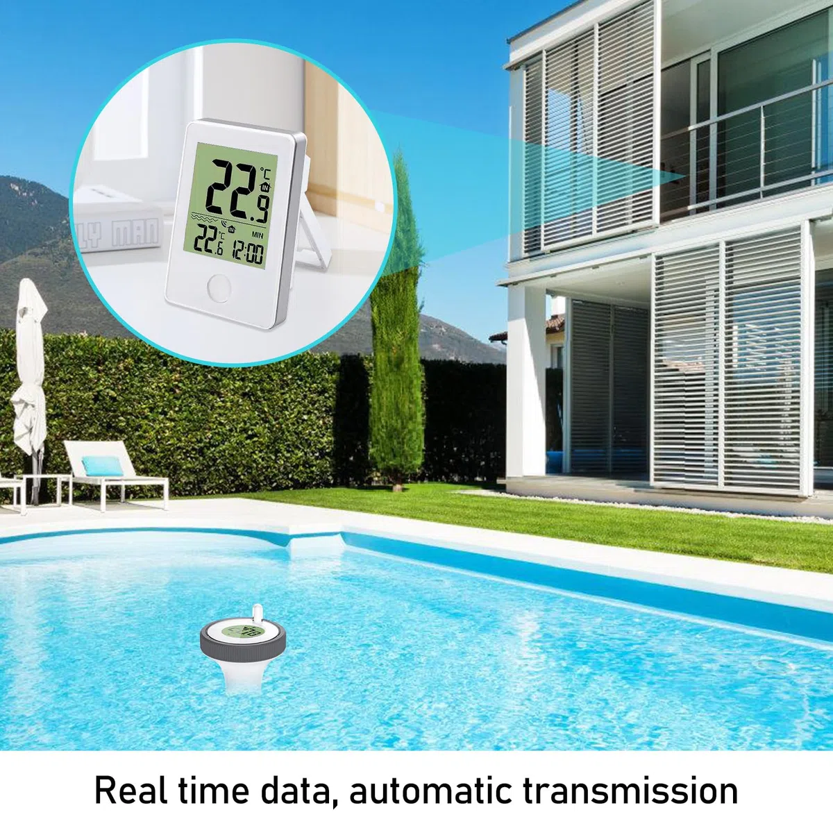 BYZESTY Thermomètre de piscine numérique sans fil avec capteur de piscine, écran LCD et moniteur d'humidité pour baignoire, bassin à poissons, étang