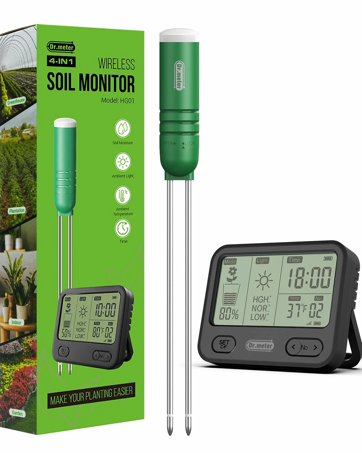 Dr.meter Testeur Humidité Plante, 4 en 1 Hygrometre Plante Testeur de Sol/Température/Lumière/Heure avec écran LCD pour Jardin, Ferme, Plantes à Gazon Intérieur et Extérieur (Batterie Non Incluse)